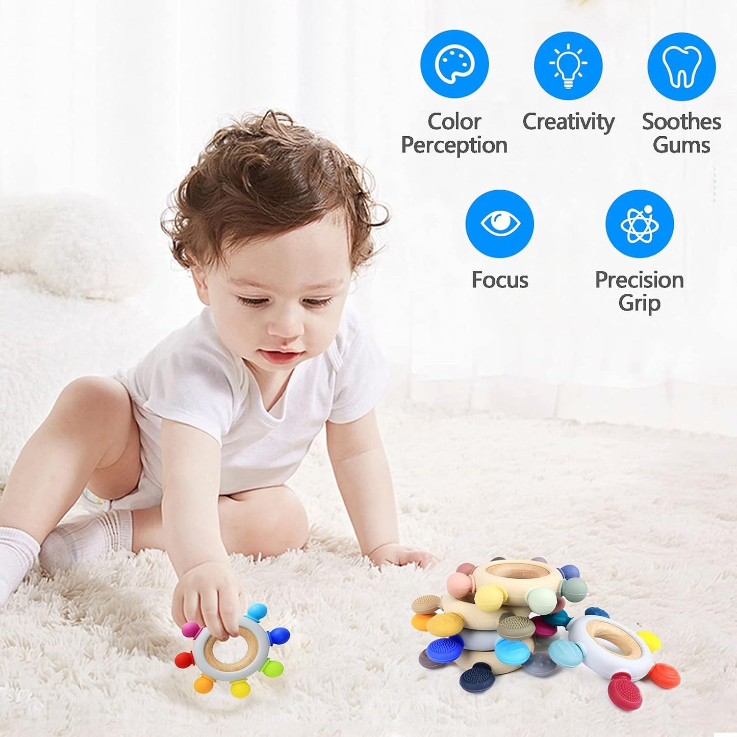 Baby Teething Toys Silicone Teethers BPA Free Silicone Rudder with Wooden Ring Soothe Babies Gums (8 Directions - Rainbow)