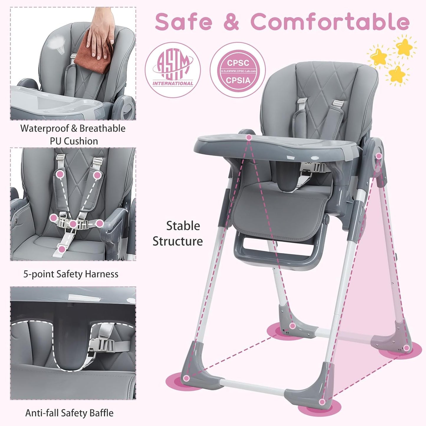 GAOMON Baby High Chair, Multifunctional Infant Highchairs with Adjustable Height and Recline, Foldable High Chair for Babies & Toddlers, High Chair with Removable Tray Easy Clean (Dark Gray)
