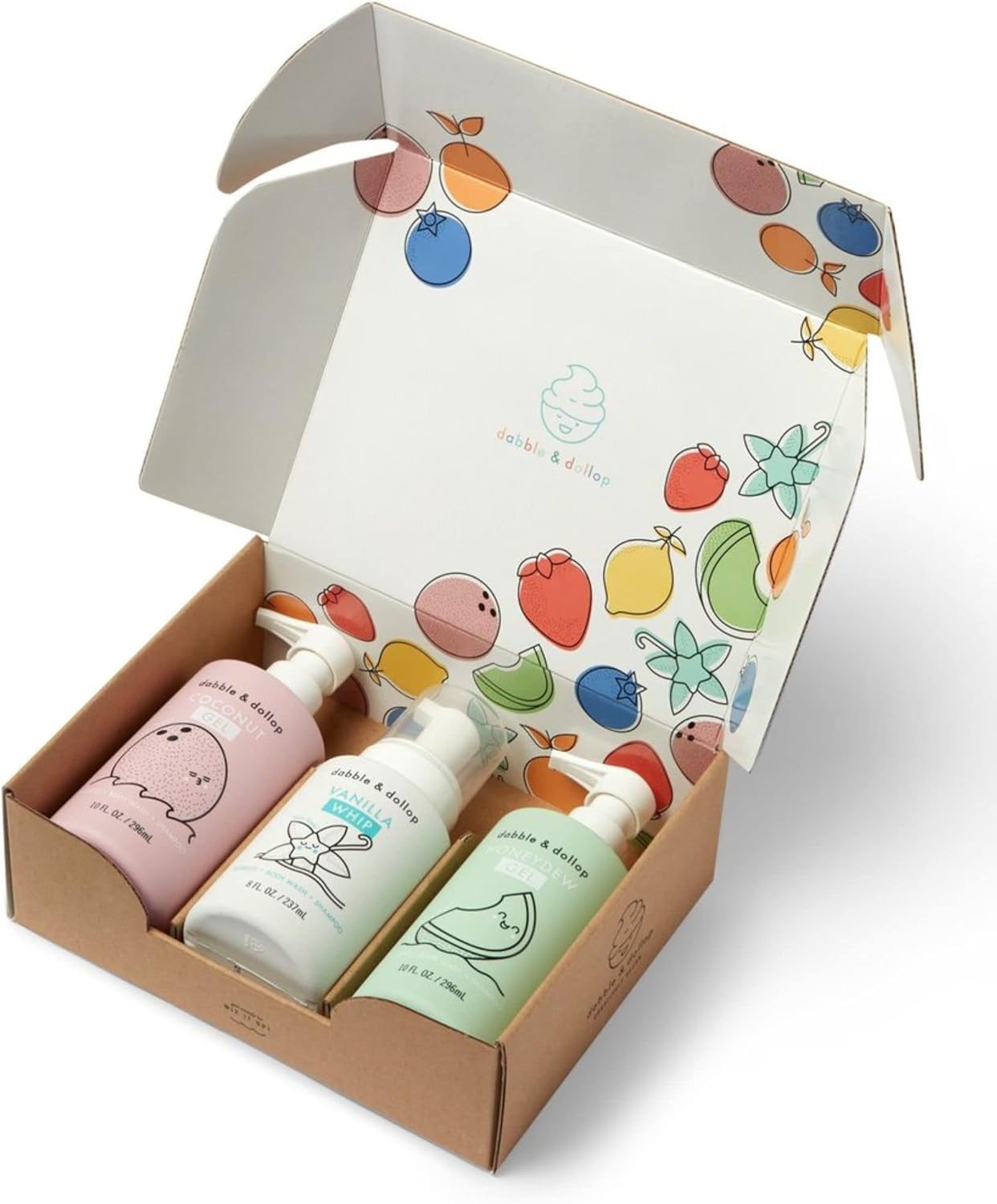 Dabble & Dollop Beachy Bundle, Natural Bubble Bath, Body Wash, Shampoo for Kids, Paraben & Sulfate Free, Vegan, Gluten-Free, Tear-Free, Honeydew Melon, Vanilla & Coconut (Set of 3)
