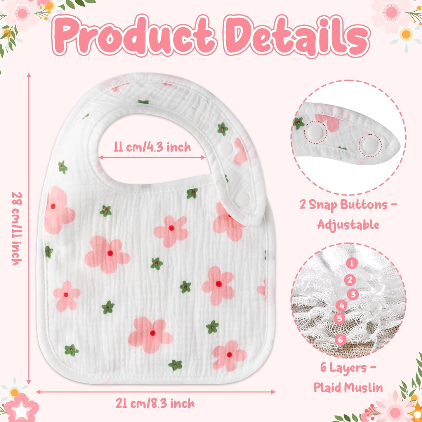 Zainpe 6Pcs Snap Muslin Cotton Baby Bibs Flowers Strawberry Patterns Infants Drooling Bib Soft Absorbent Adjustable Feeding Burp Cloths for Newborns Boy Girl Toddlers Teething Eating 0 to 36 Months