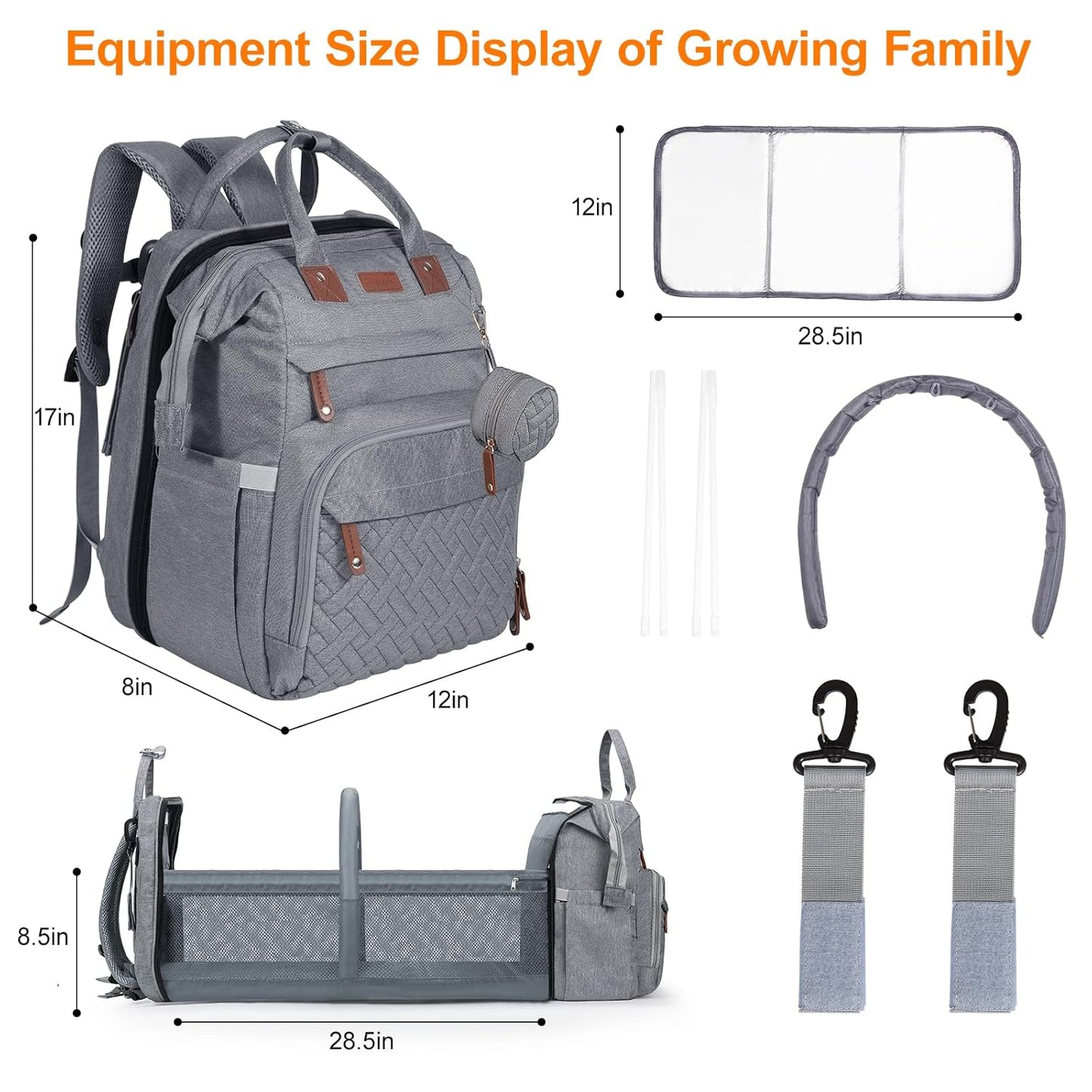Baby Diaper Bag, Backpack with Changing Table, Unisex Baby Bag, with Diaper Pad, USB Charging Port, Insulated Pacifier Case, Multifunctional Waterproof Travel Diaper Bag, Gift for Newborn Baby (Grey)