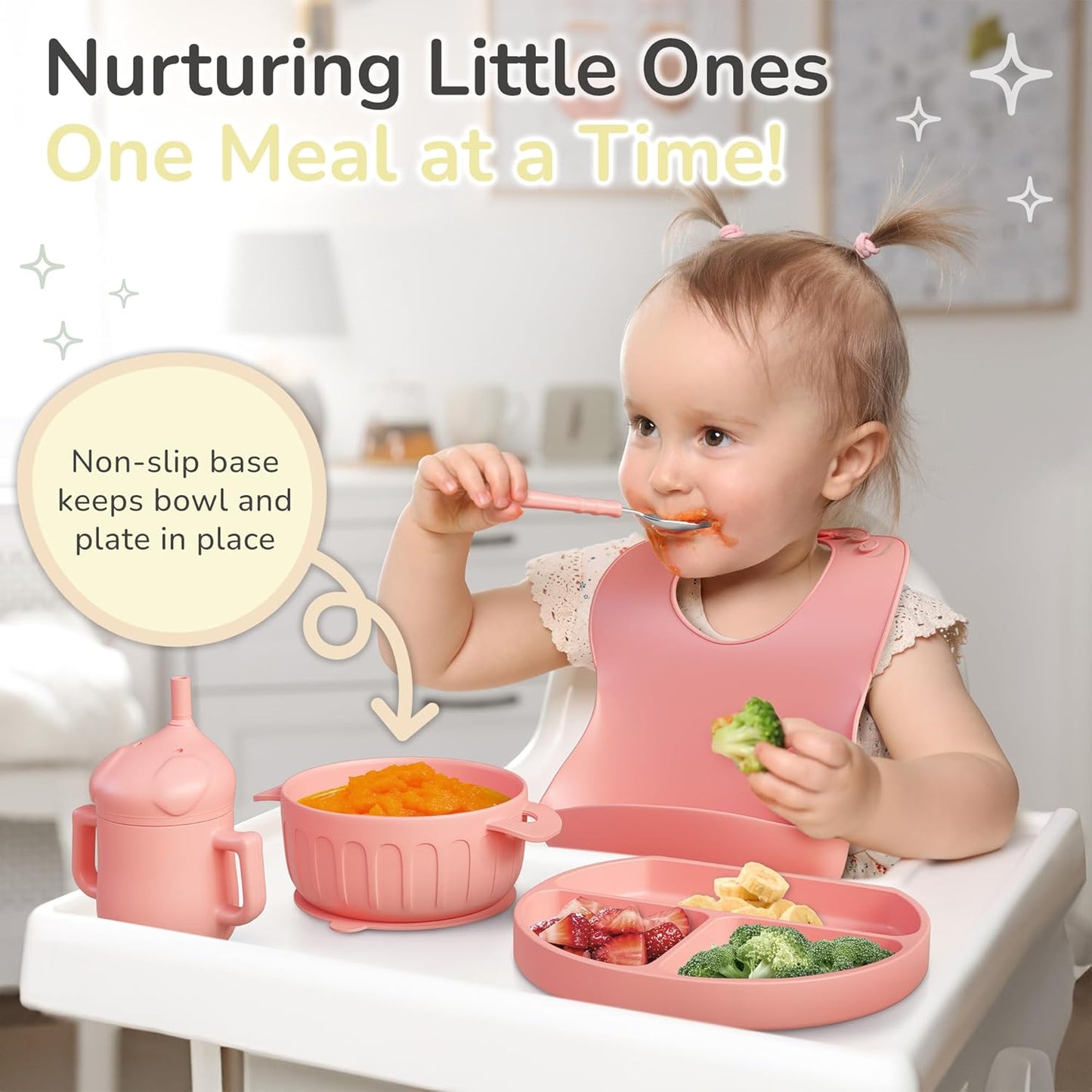 mimi & kiki BPA-Free Silicone Baby Feeding Set, Baby Plates and Bowls Set, Baby Led Weaning Supplies, Silicone Suction Plate, Baby Utensils, Bib and Cup, Self Feeding, Dishwasher Safe (Pink)