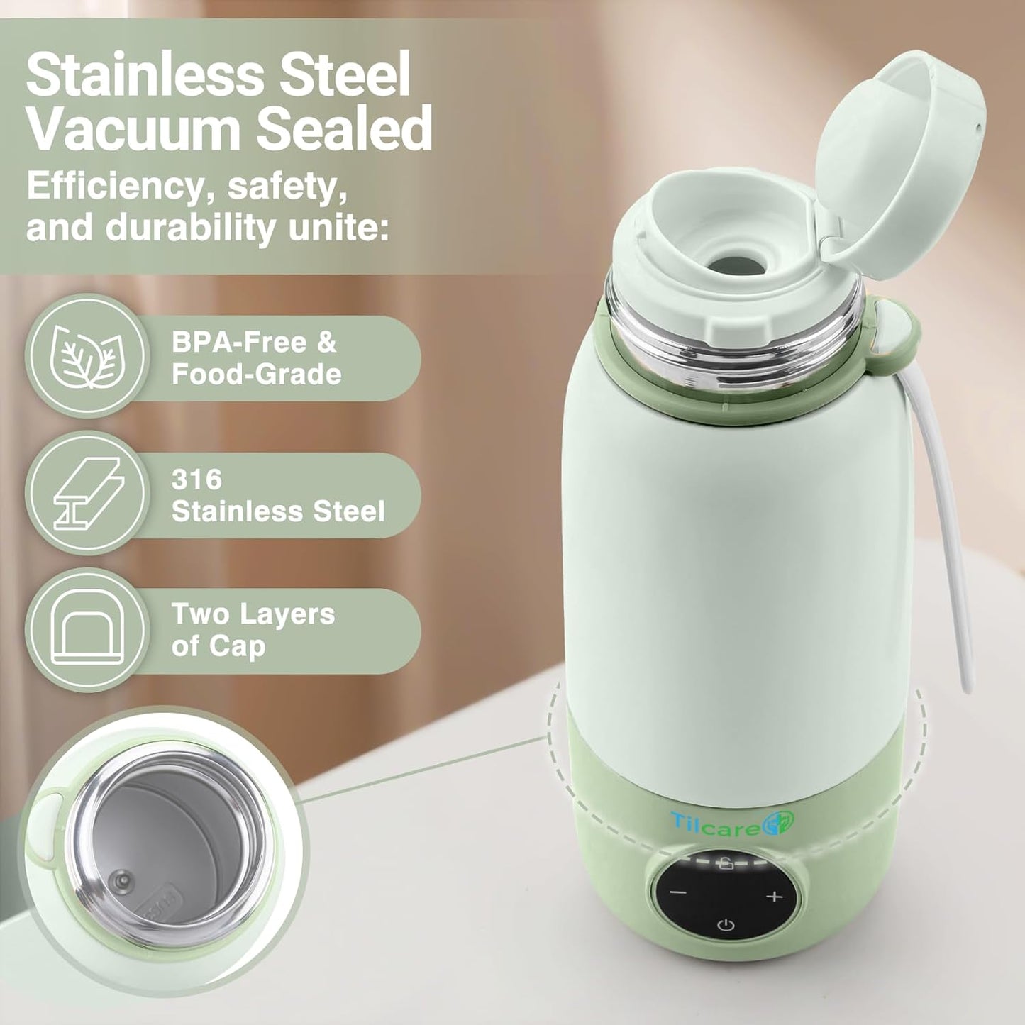 Portable Bottle Warmer for Travel - 17oz 12H Baby Bottle Milk Warmer, Fast Heat Travel Bottle Warmer for Breastmilk, USB Calentador De Biberones on The Go - Wireless Car Bottle Water Warmer, Green