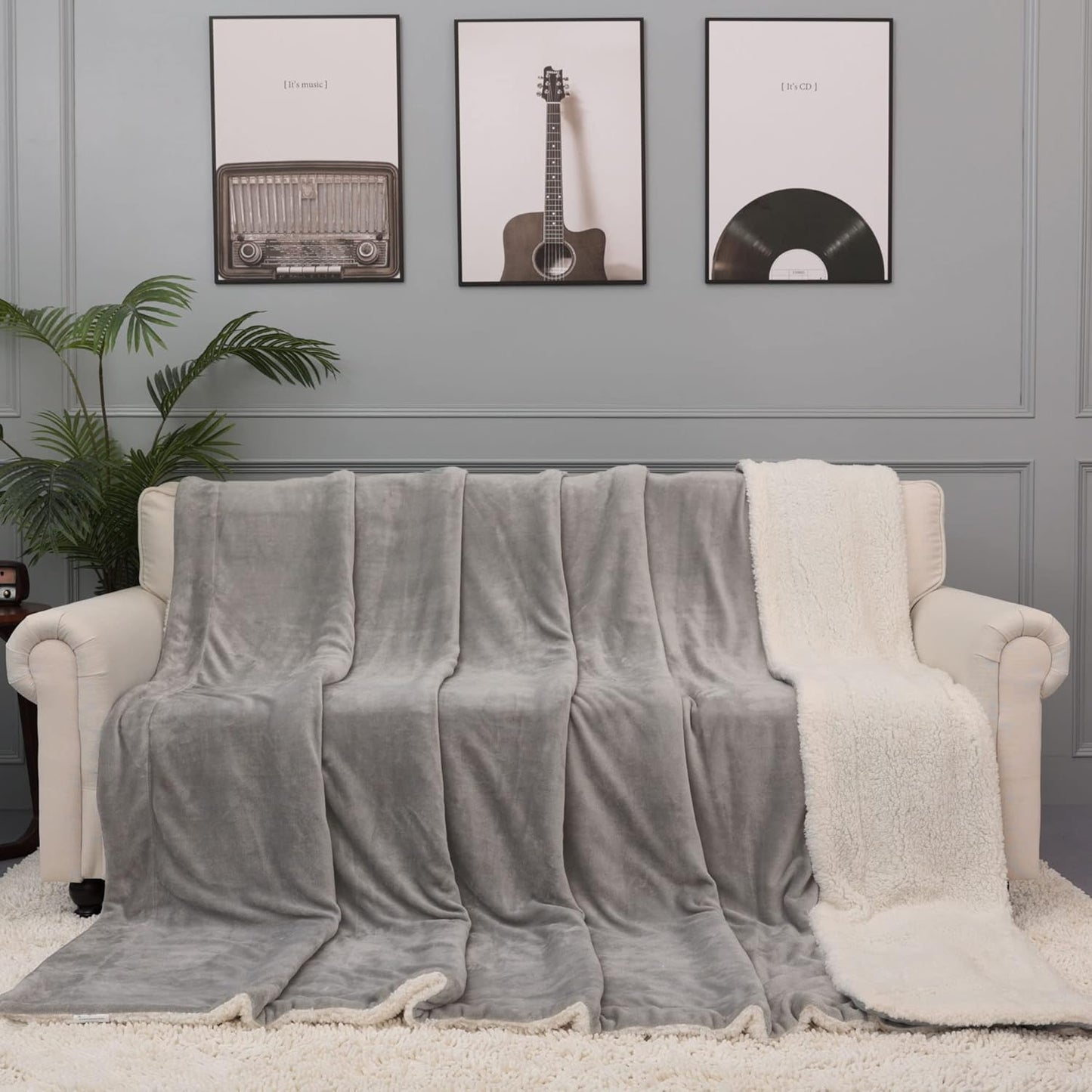 NANPIPER King Size Sherpa Blanket, Soft Fleece Throw for Bed, Reversible Thick Fuzzy Blanket for Winter (Light Grey, 90x108 inches)