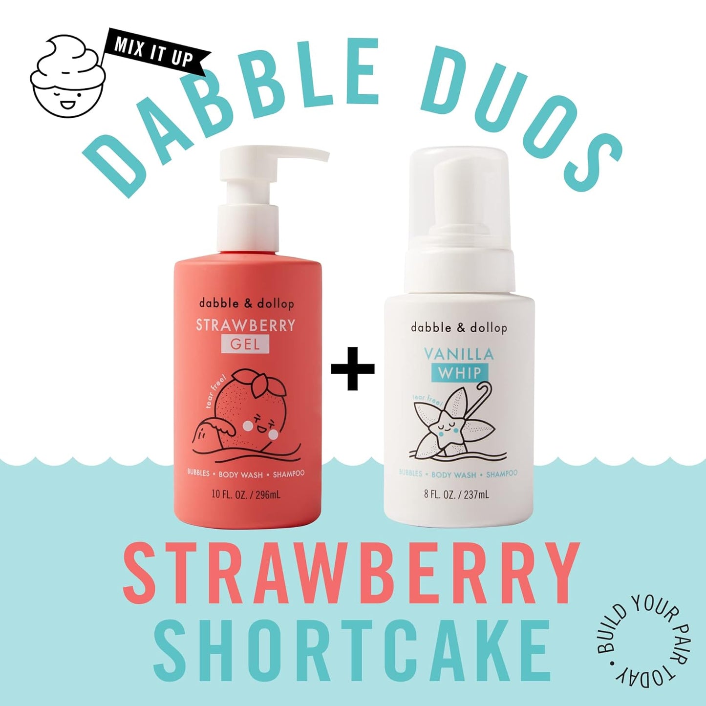 Dabble & Dollop Strawberry + Vanilla Body Wash & Shampoo – 3-in-1 Natural Bubble Bath for Kids, No Parabens or Sulfates, Vegan, Gluten-Free, Tear-Free (2-Pack)