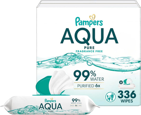 Pampers Aqua Pure Baby Wipes, 99% Water, Fragrance Free, 336 Baby Wipes Total (6X Flip-Top Packs) [Packaging May Vary]