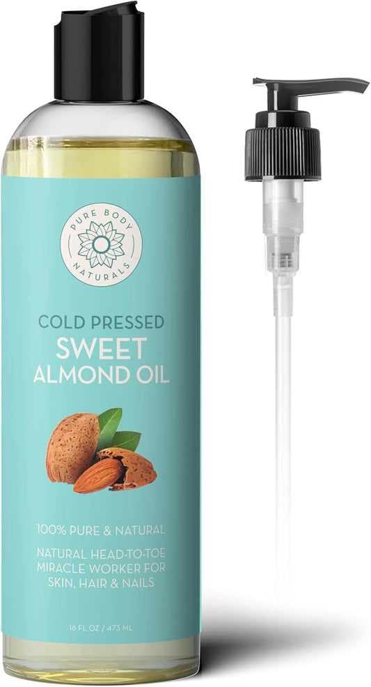 Pure Body Naturals Sweet Almond Oil for Hair and Skin, 100% Pure and Cold Pressed, Hexane Free, Skin Moisturizer, Nails, Therapeutic Massage, Carrier Oil 16 Fl. Ounce (Label Varies)