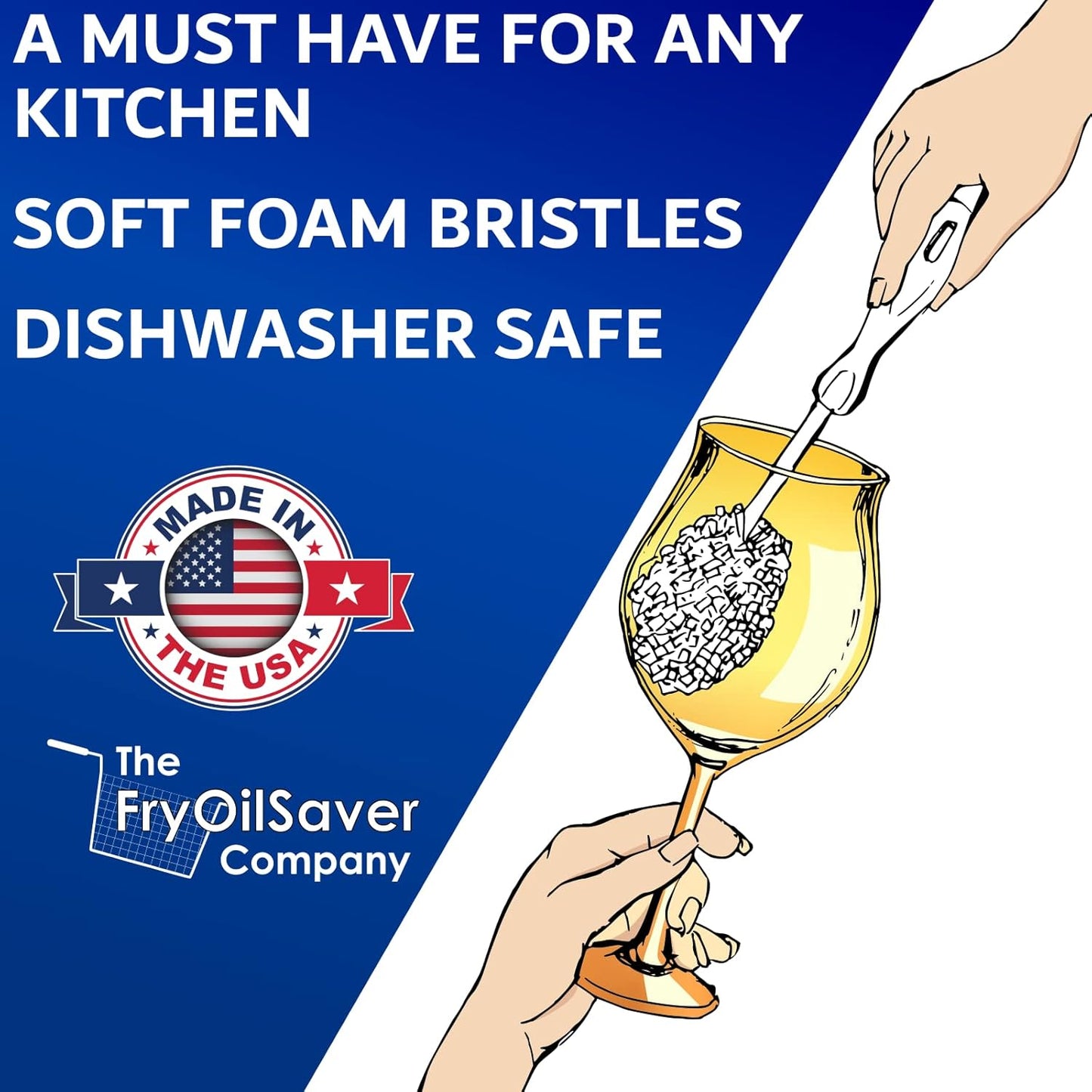 Set of 2 Crystal Stemware & Goblet Glass Cleaning Brush Kit - Non-Scratch Foam Wine Glass Brushes for Washing Glasses, Decanter, Mug, Stemware - for Home, Restaurant, Bar, Hotel - by FryOilSaver Co.