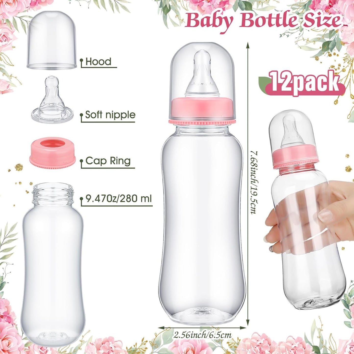 TrelaCo Cool Baby Shower Games Wooden Bottle Chug Sign Rustic Theme Gift Sets and 12 Pcs Baby Bottle Shower Favor for Rustic Kraft Games Gender Reveal (Pink Elephant)