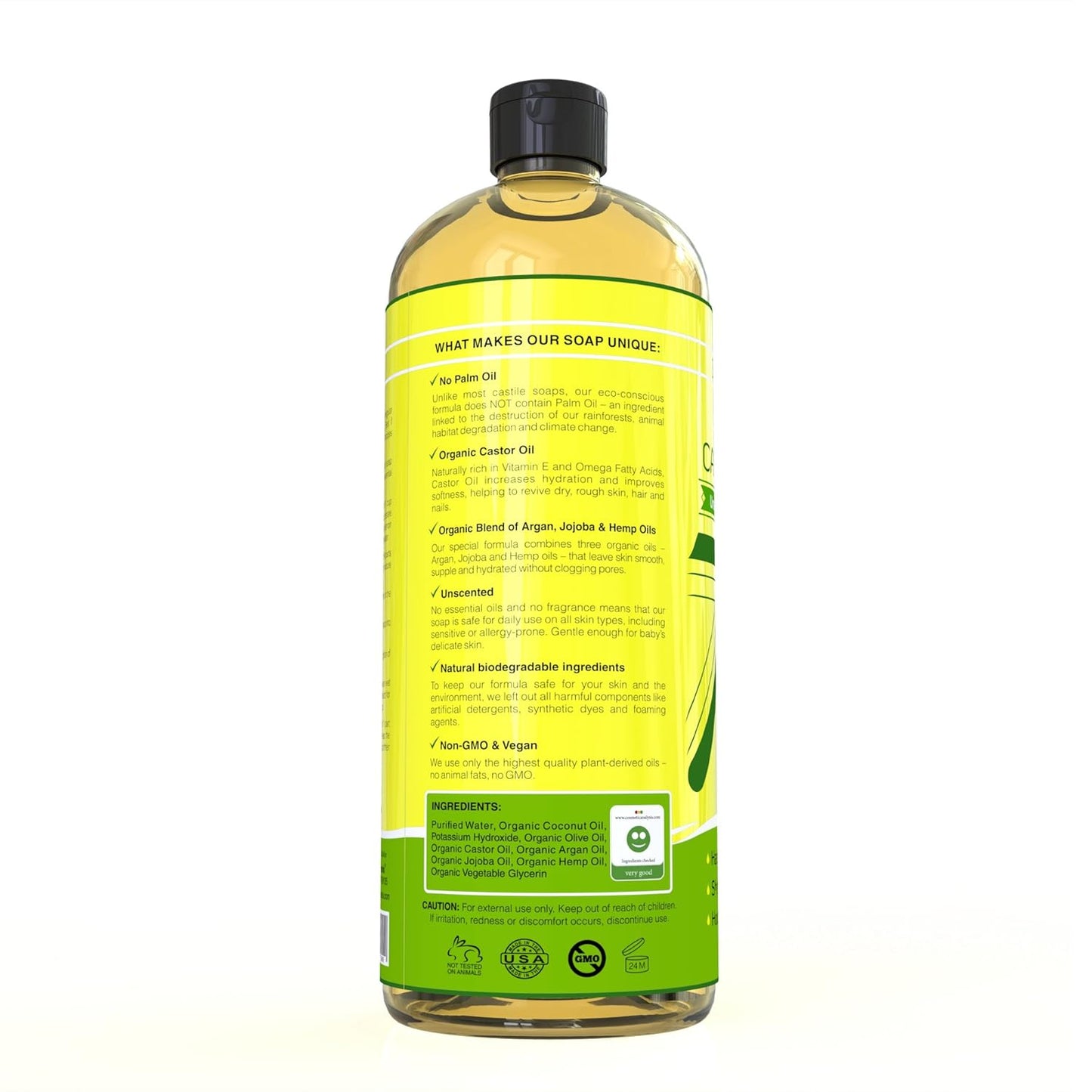 Seven Minerals, EWG Verified Castile Soap 33.8 fl oz - No Palm Oil, GMO-Free - Unscented Mild & Gentle Liquid Soap For Sensitive Skin & Baby Wash - All Natural Vegan Formula with Organic Carrier Oils