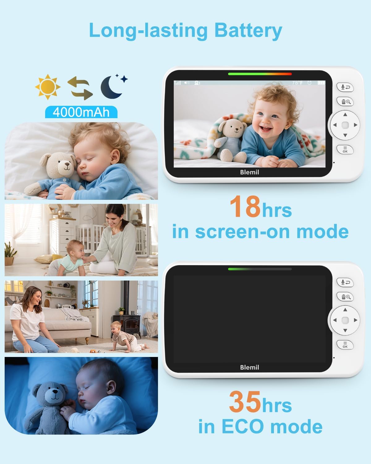 Blemil Upgrade Video Baby Monitor with Camera and Audio 6" Large Screen, 35-Hrs Battery, No WiFi Baby Monitor, Remote Pan/Tilt/Zoom Camera, 2-Way Talk, Night Vision, Temperature, 1000ft Range