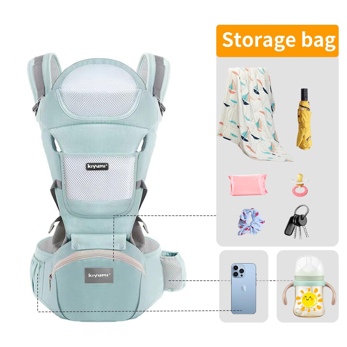 KIYUMI Baby Carrier with Hip Seat, 6- in-1 Baby Carrier Newborn to Toddler, Ergonomic M Position, Head Support and Breathable Mesh,Adjustable Removable Baby Sling Carrier (7-45 lbs), STARSKYBLUE
