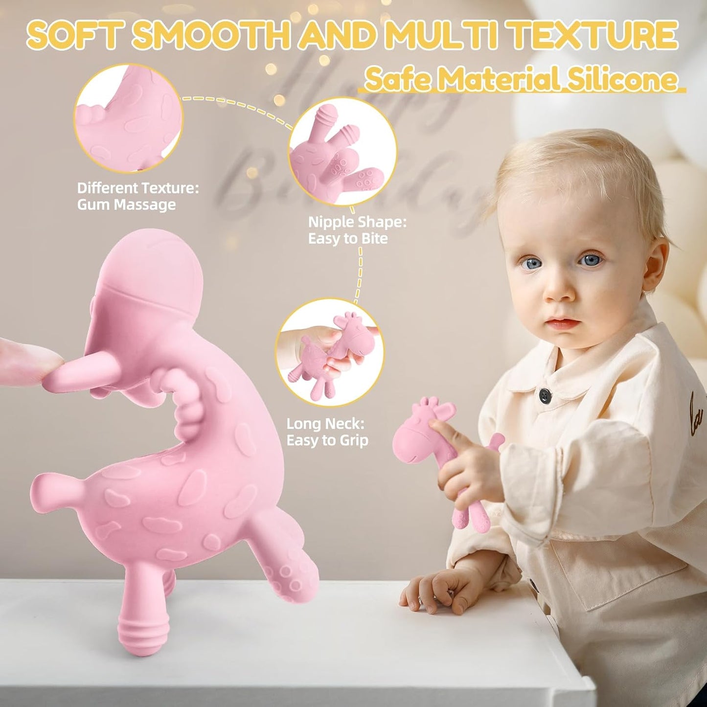 TYRY.HU Baby Teething Toys for Babies 0-6 6-12 Months,BPA Free Silicone Giraffe Teethers for Babies 3-6 months, Soft Chew Toys for Sore Gum, Montessori Sensory Toys Gifts for Infant Boys Girls, 4 Pack