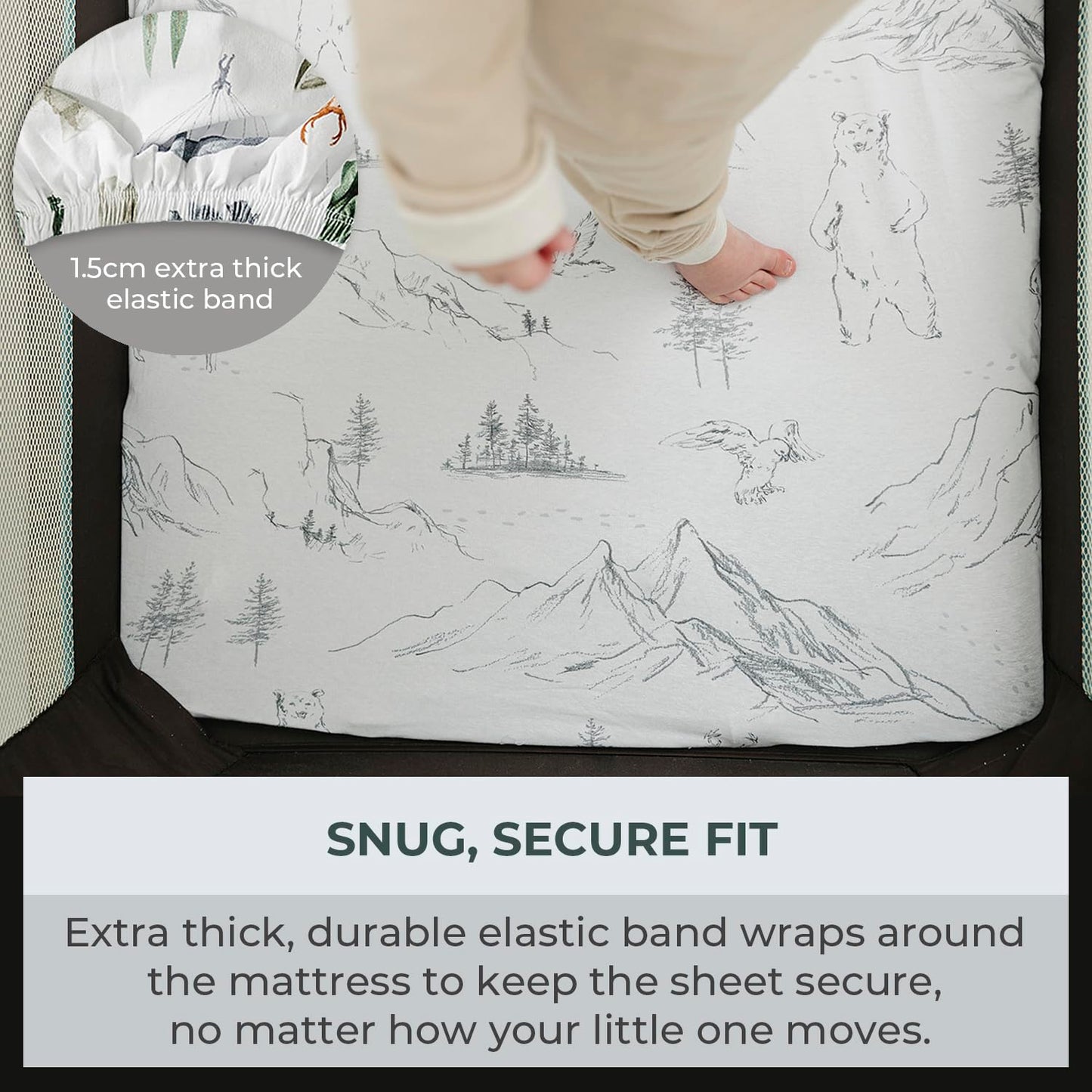 Pobibaby - 2 Pack Premium Pack N Play Sheets Fitted for Standard Pack and Plays and Mini Cribs - Ultra-Soft Cotton Blend, Stylish Woodland Pattern, Safe and Snug for Baby (Explore)