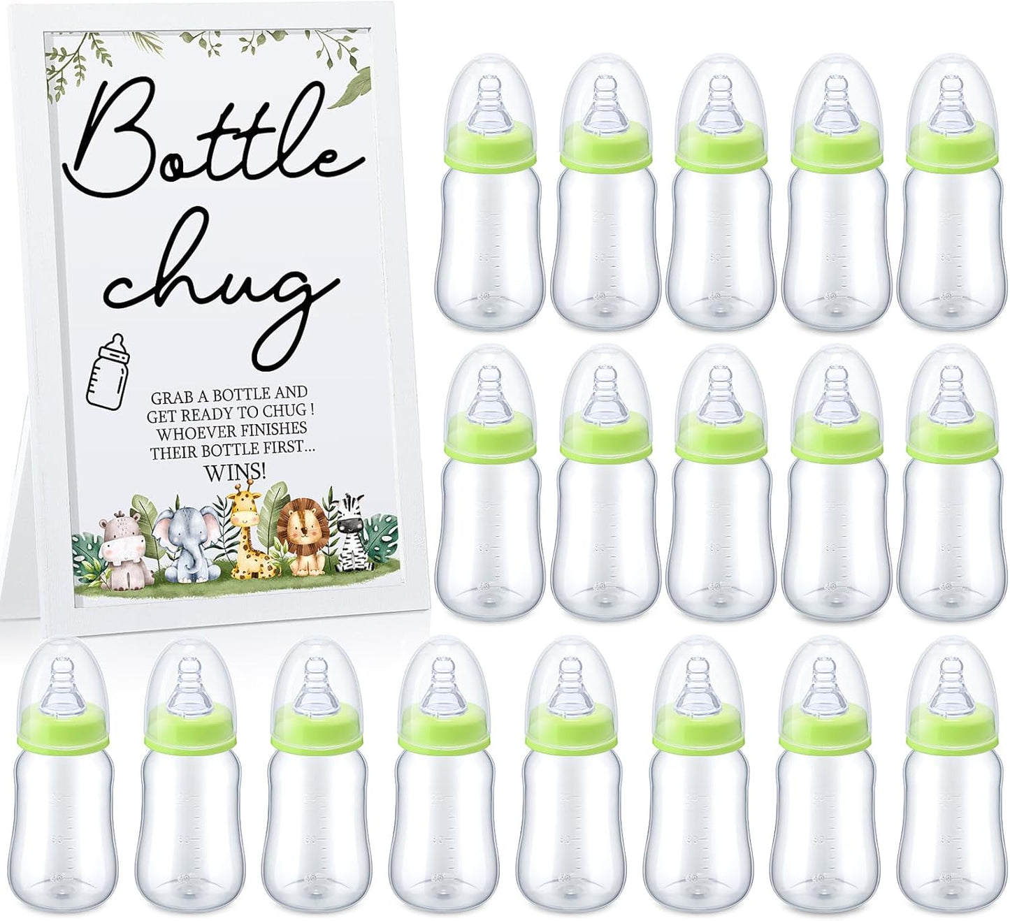 Roowest Bottle Chug Baby Shower Game Favors Including Safari Animals Theme Wooden Sign and 18 Pcs Baby Bottles for Gender Reveal Party Supplies