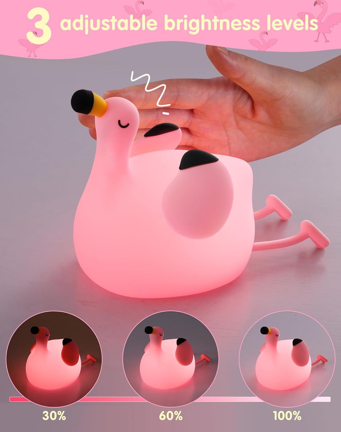 YISUN Flamingo Night Light for Kids, Soft Silicone Nursery Night Lamp Rechargeable LED Bedside Lamp with Timer, 3 Level Dimmable Cute Night Lights for Bedroom, Living Room, Dining, Gift