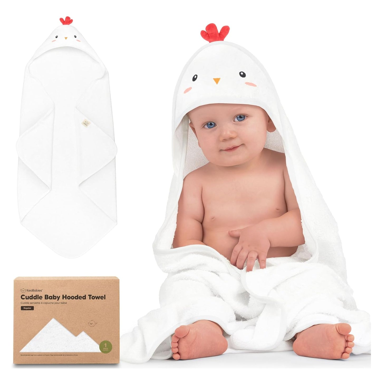 KeaBabies Hooded Baby Towel for Newborn - Viscose Derived from Bamboo Large Baby Bath Towels with Hood for Boys, Girls, Toddler, Extra Absorbent & Soft Newborn Bath Essentials (Rooster, Regular)