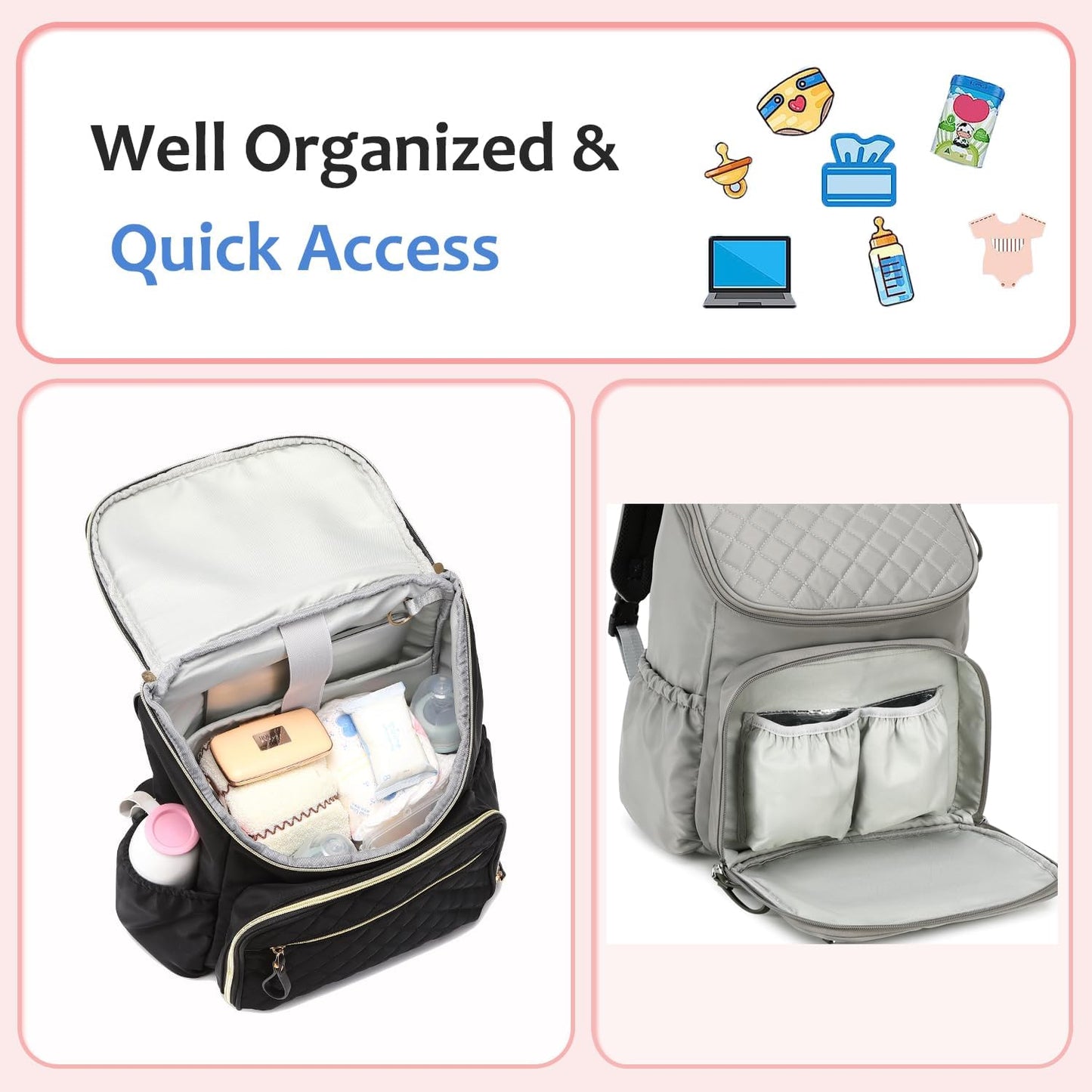 Large Capacity Diaper Bag Backpack with Stroller Buckle, Water-Resistant Travel Baby Bag with Insulated Pockets (Classic, Grey)