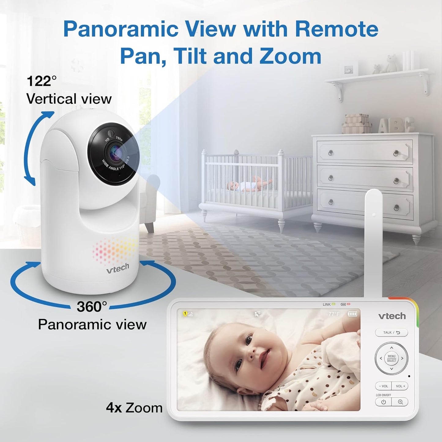 VTech 5.5" IPS Screen 720P Video Baby Monitor with Camera and Audio, Pan-Tilt-Zoom, Night Light, 2-Way Talk, Lullabies, Soothing Sounds, Long Battery Life, No WiFi: Advanced HD Plus
