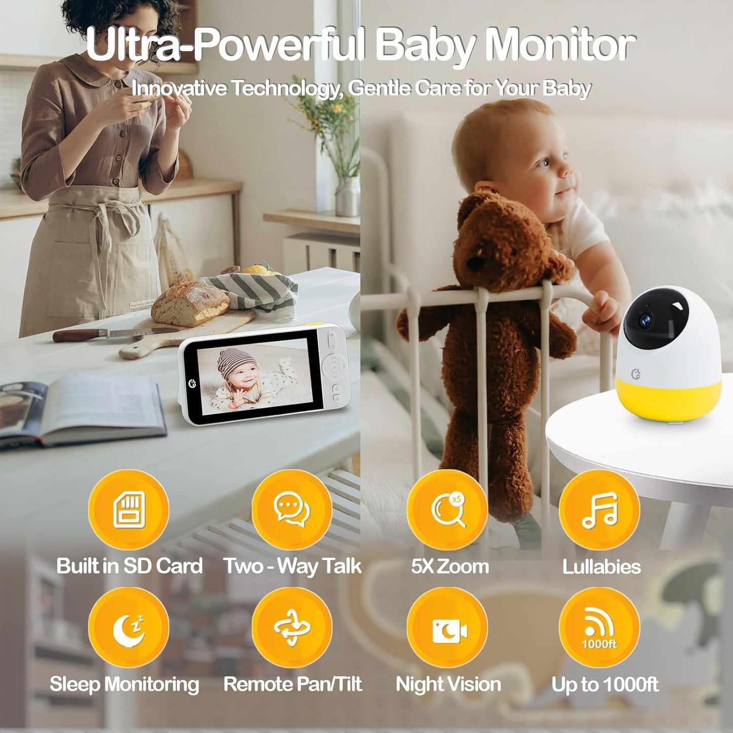 Ellie Pro Baby Monitor with Camera and Audio,5'' IPS 2K UHD Resolution,6000mAh Battery, Remote Pan-Tilt-5X Zoom, 2-Way Talk,No WiFi, Night Vision, Virtual Fence 24hr Play Back and 1000ft Range