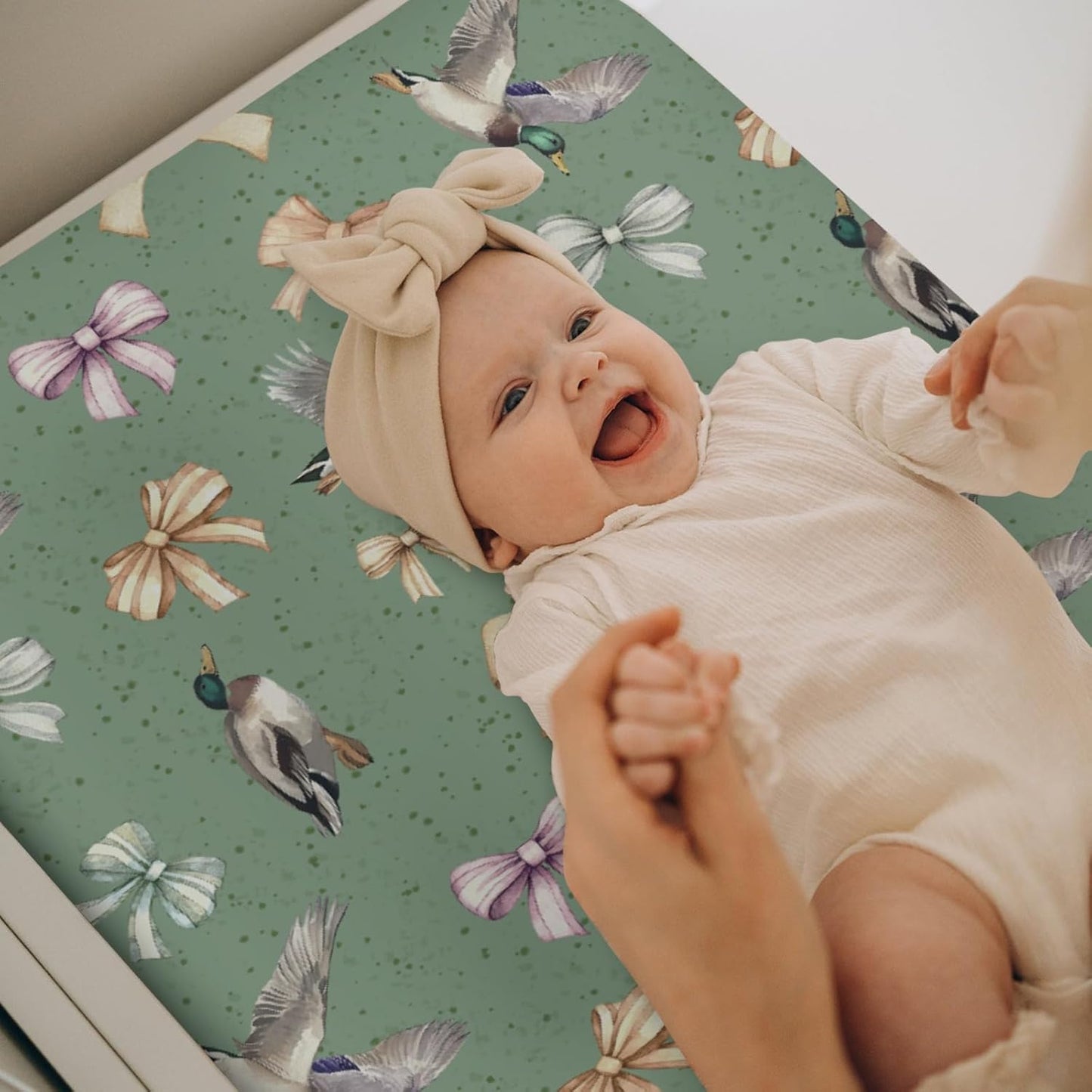 Vintage Mallard Ducks Bows Changing Pad Covers for Baby Girl Boy Duck Hunting Fitted Change Table Cover Mats Wild Ducks Birds Soft Diaper Changing Table Sheets 32''×16''