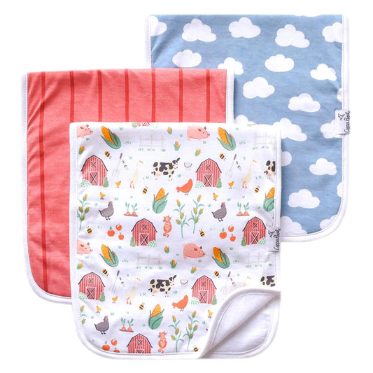 Copper Pearl Premium Baby Burp Cloths - 3-Pack Large Cotton Burp Cloths, Extra Soft Spit Up Rags with 3 Absorbent Layers, Perfect for Baby Boy and Baby Girl Gifts (21" x 10" Size, Farmstead Set)