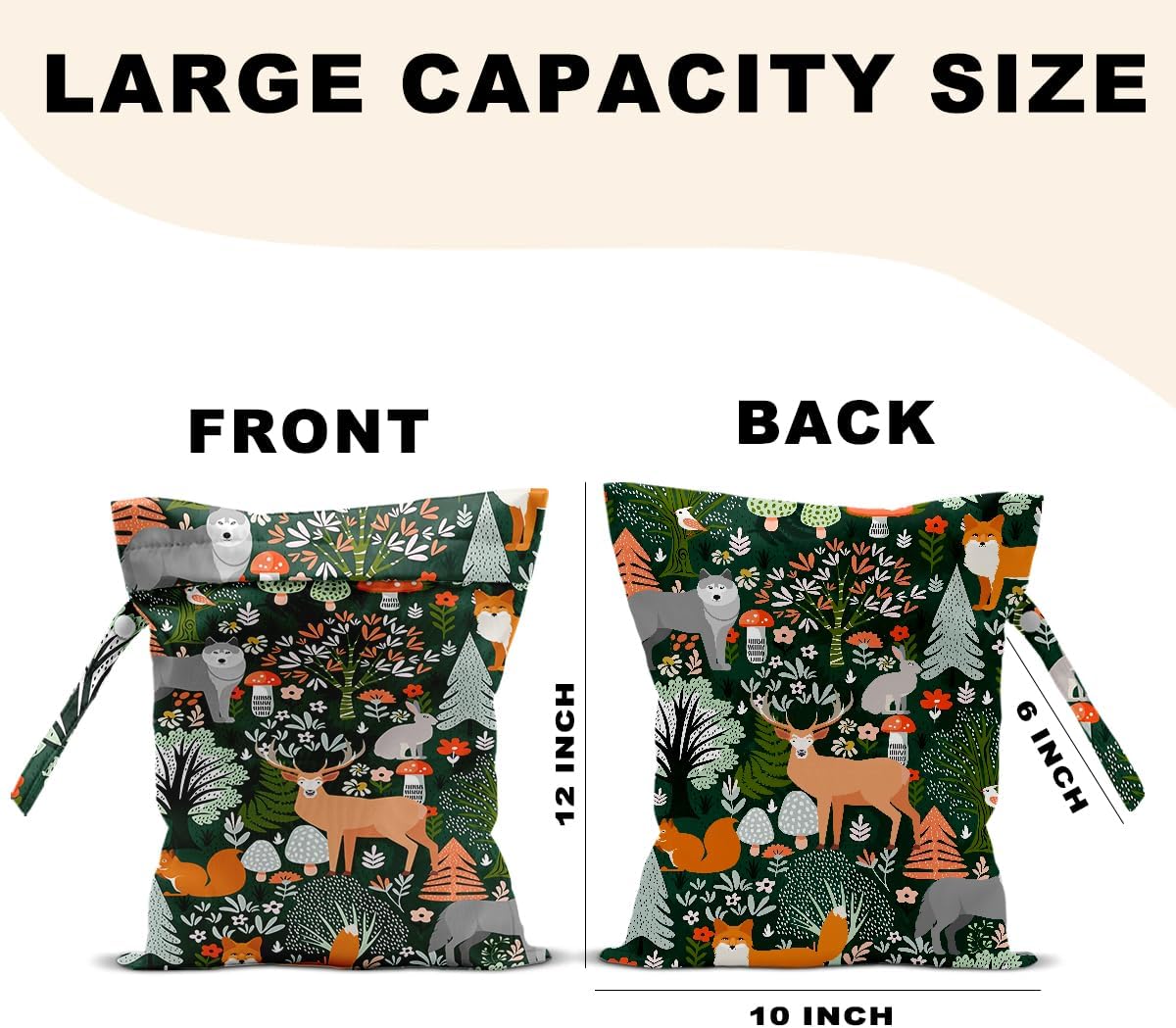 2Pcs Forest Animal Wet Bags 12x10 Inch, Cottage Core Botanical Waterproof Travel Laundry Bags, Squirrel Fox Wolf Reusable Wet Dry Bag for Swimsuit Pool Beach Diapers Dirty Yoga Gym Clothes