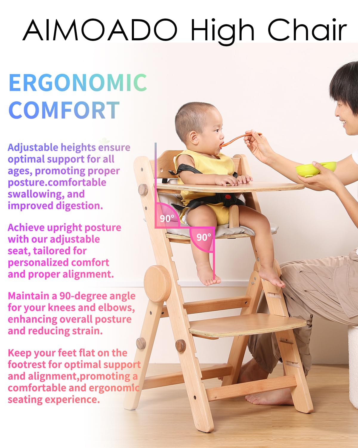 Toddler High Chair Wooden, Baby Highchair with Adjustable Tray and Foot Rest, Folding Wood High Chair for Dining, 6 Months up to 300 Lb