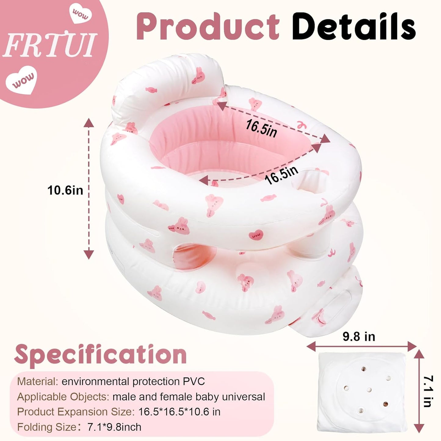 Inflatable Baby Seat for 3-36 Months Babies, Blow up Baby Chair with Built-in Air Pump, PVC Material, Full Enclosure Protection, Outdoor Travel Inflatable Chair for Infant, Pink Love Rabbit