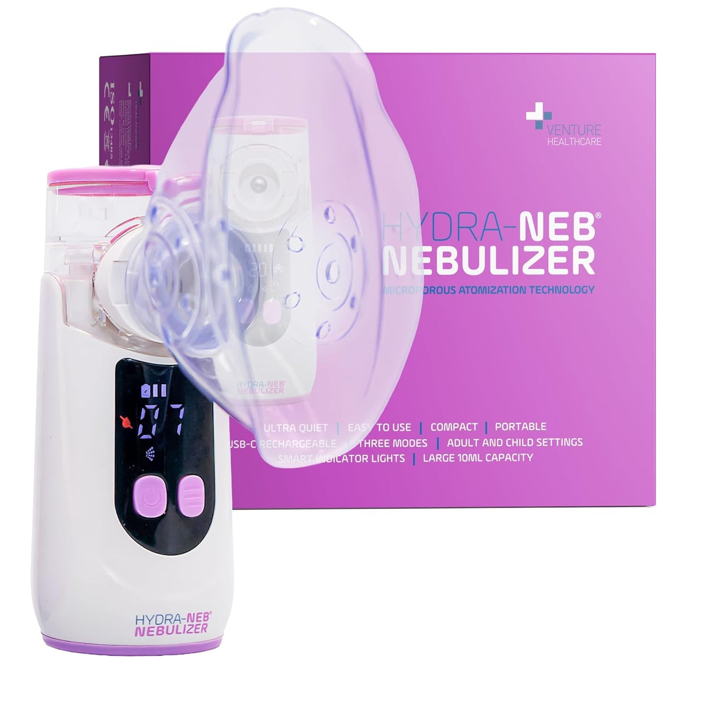 Portable Mesh Nebulizer for Adults, Babies, Infants & Kids, with LED Screen, Quiet, Self-Cleaning & Re-Chargeable, Compatible with Saline Solution, Moisturizes Airways