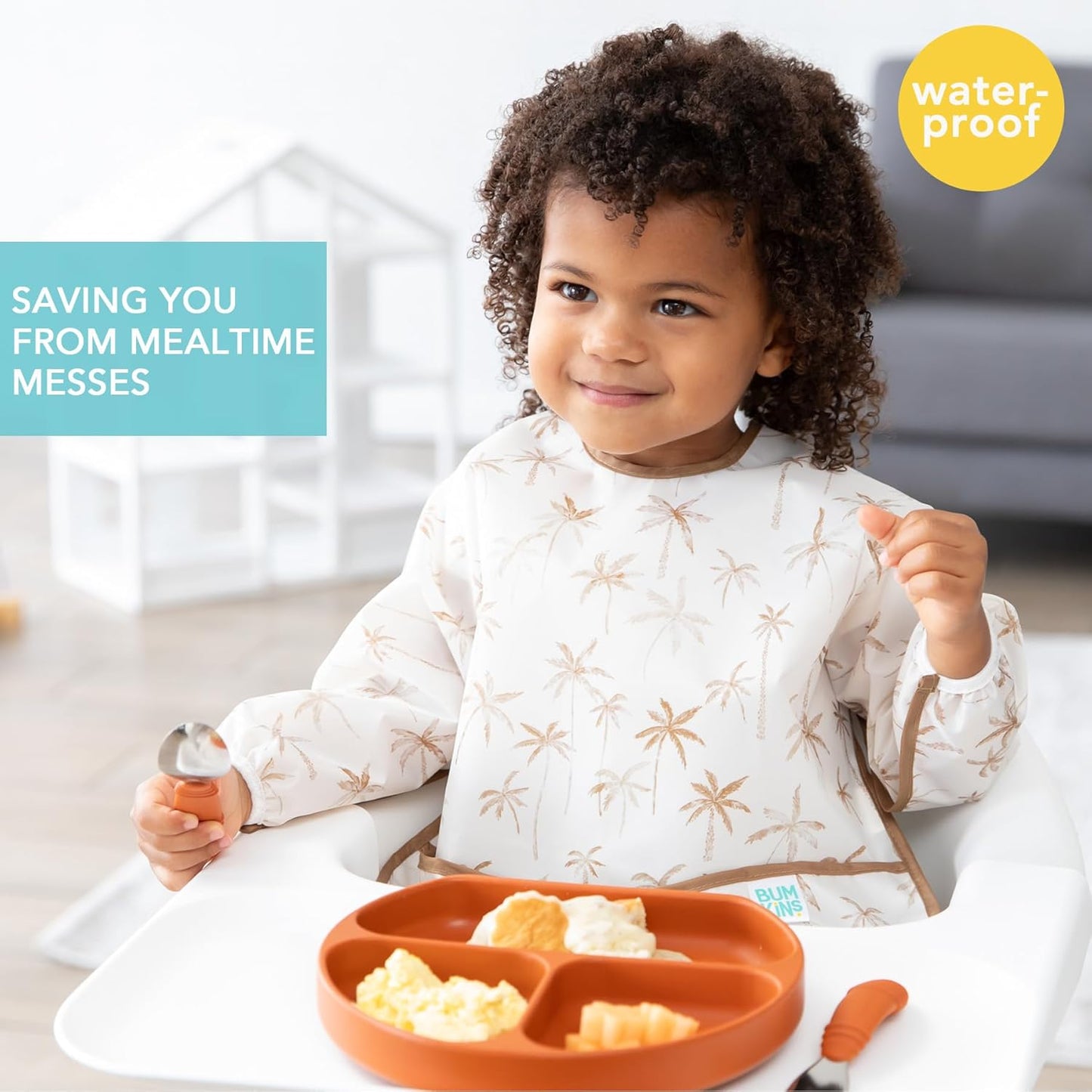 Bumkins - Sleeved Bib - For Boys & Girls, Babies & Toddlers 6-24 Months - Lightweight, Durable, Waterproof - Long Sleeve Bib - Catch-All Pocket - Wipeable & Machine Washable - Checks & Palms - 2 Pack