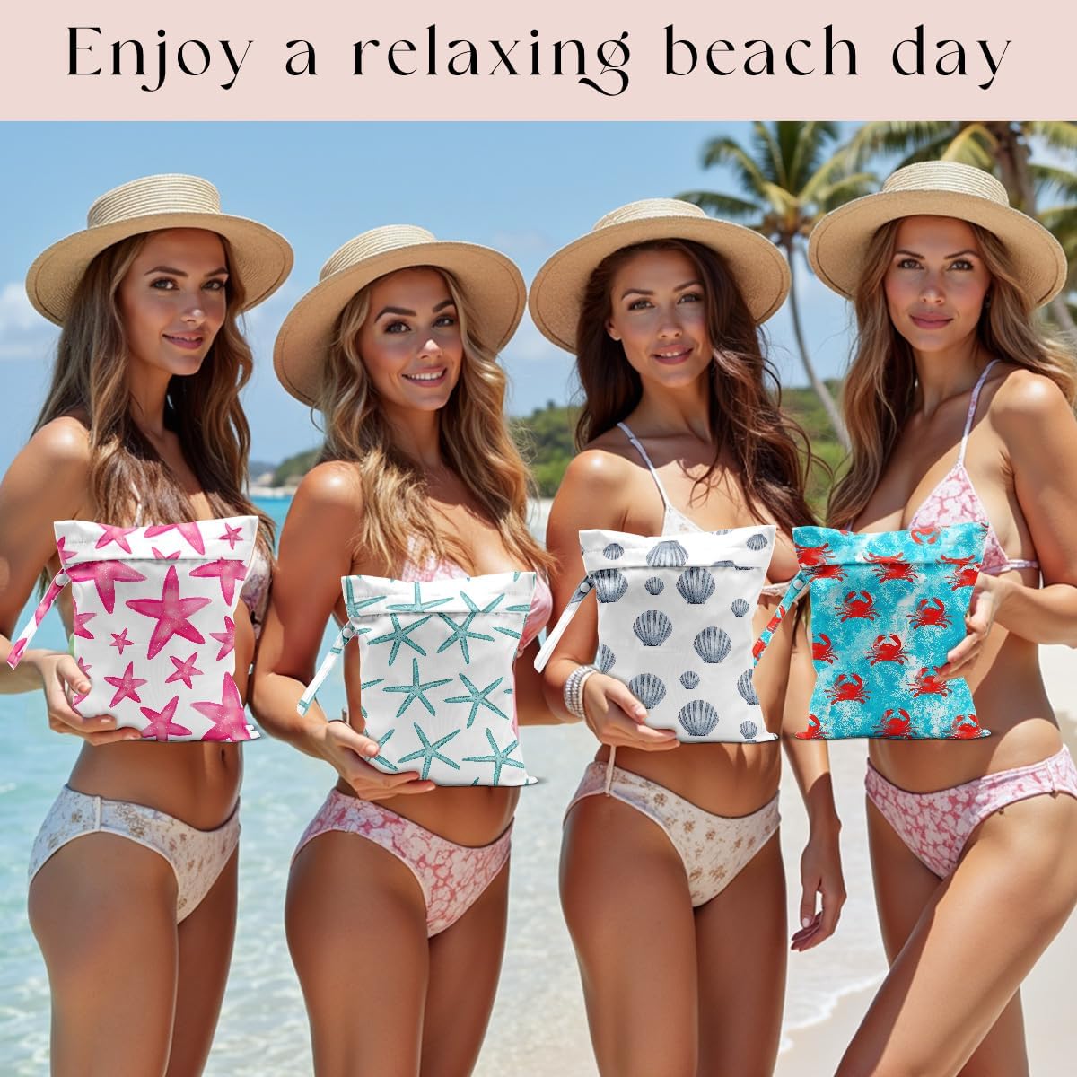 4 Pack Wet Bag for Swimsuit, Beach Travel Essentials Wet Dry Bag, for Sunscreen Toiletry Dirty Clothes Yoga Gym Diaper, Friend Summer Beach Vacation Gifts. Starfish, shells, crabs