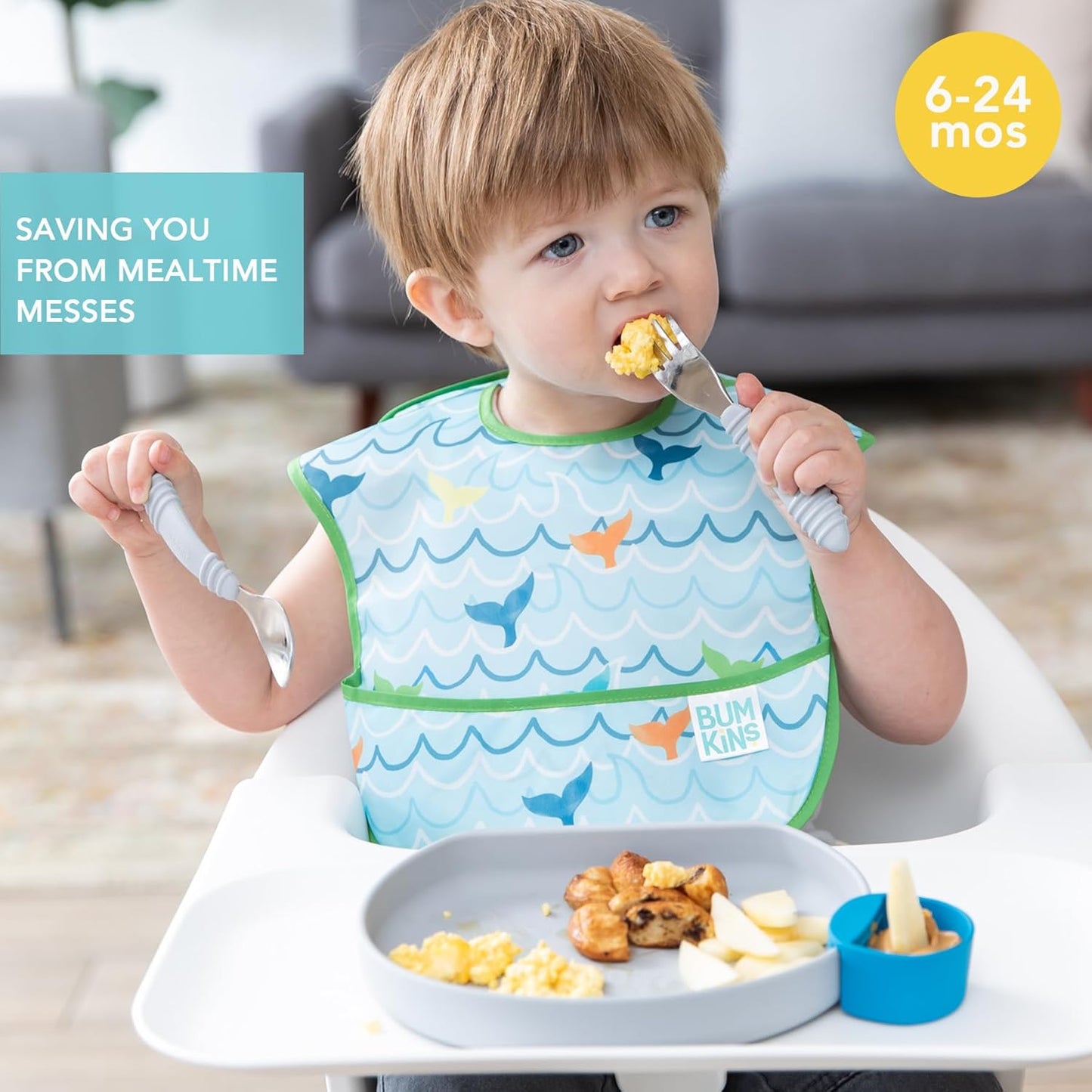 Bumkins - SuperBibs + Sleeved Bib - For Boys & Girls, Babies & Toddlers 6-24 Months - Lightweight, Durable, Waterproof - Catch-All Pocket -Wipeable & Machine Wash -Ocean Life & Whale Tail Blue -3 Pack