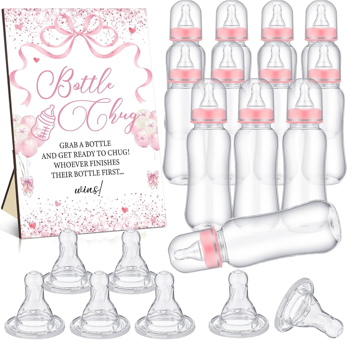 TrelaCo Cool Baby Shower Games Bottle Chug Sign and 12 Pcs Baby Bottle Shower Favor Baby Bottles for Baby Shower Games Gender Reveal (Pink Bow)