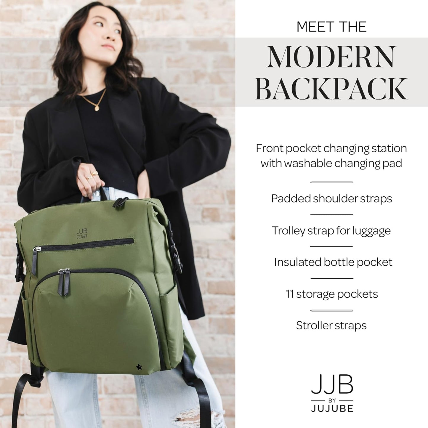 JJB by JuJuBe Modern Diaper Bag Backpack with Portable Changing Pad, Stroller Straps, Large Travel Backpack for Boy or Girl, Carrying Baby Bottles, Wipes, Diapers, Pacifiers, Olive, Mother's Day Gift