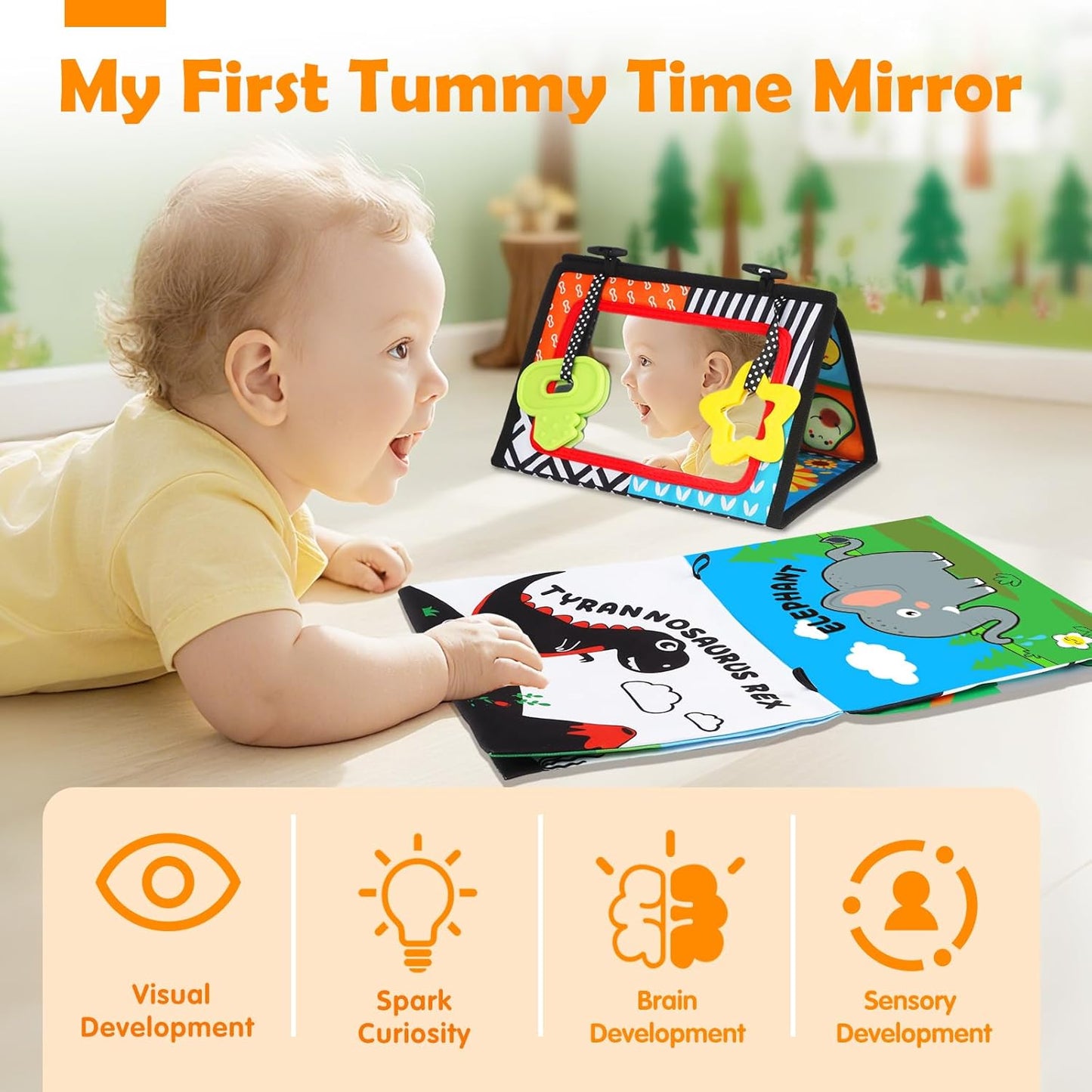 Baby Toys 0-6 Months - Tummy Time Toy Black and White High Contrast Newborn Toys - Baby Mirror with Cloth Book Teether - Montessori Sensory Crinkle Toy for Infant 0-3-6-12 Month Boy Girl Shower Gifts