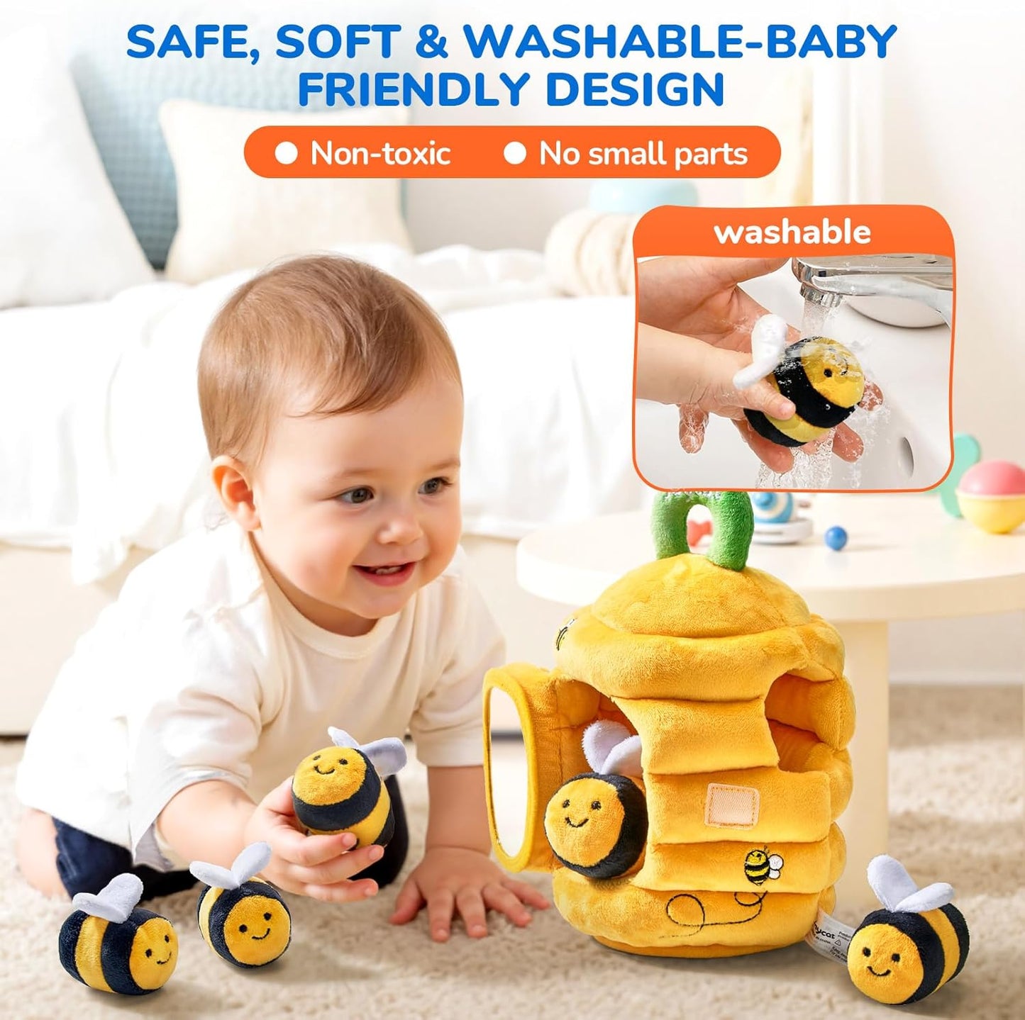 JoyCat Baby Toys 6-12 Months - Soft Baby Beehive with 5 Sensory Bees - Rattle, Crinkle Paper, Squeaker, Mirror, Busy Montessori Soft Toys for Toddlers 0-3 Years Old - Baby Christmas Birthday Gift