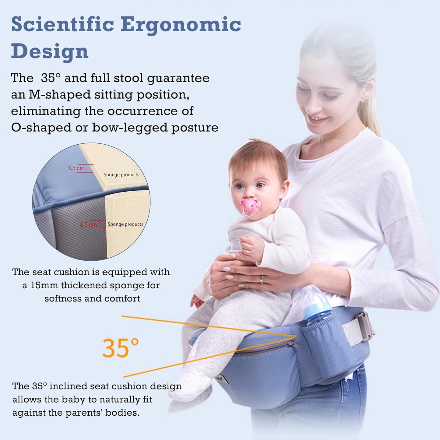 Baby Carrier with Hip Seat, for 0-48 Month Baby, Soft Baby Carrier Newborn to Toddler, 15-in-1 Ways to Carry, Adjustable Size with Sunshade, Windproof & Storage Functions (Blue)