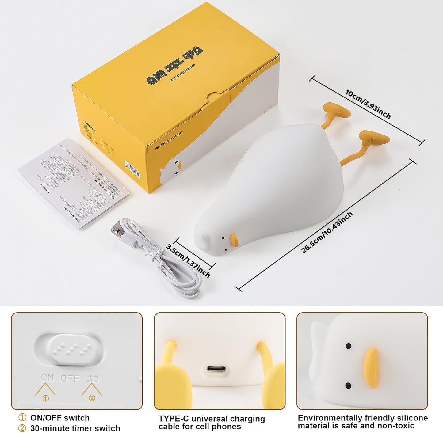 Duck Night Light, Touch Control Dimmable Silicone Bedside Lamp for Kids, USB-C Charging & 30-Min Timer, Nursery Decor Gift