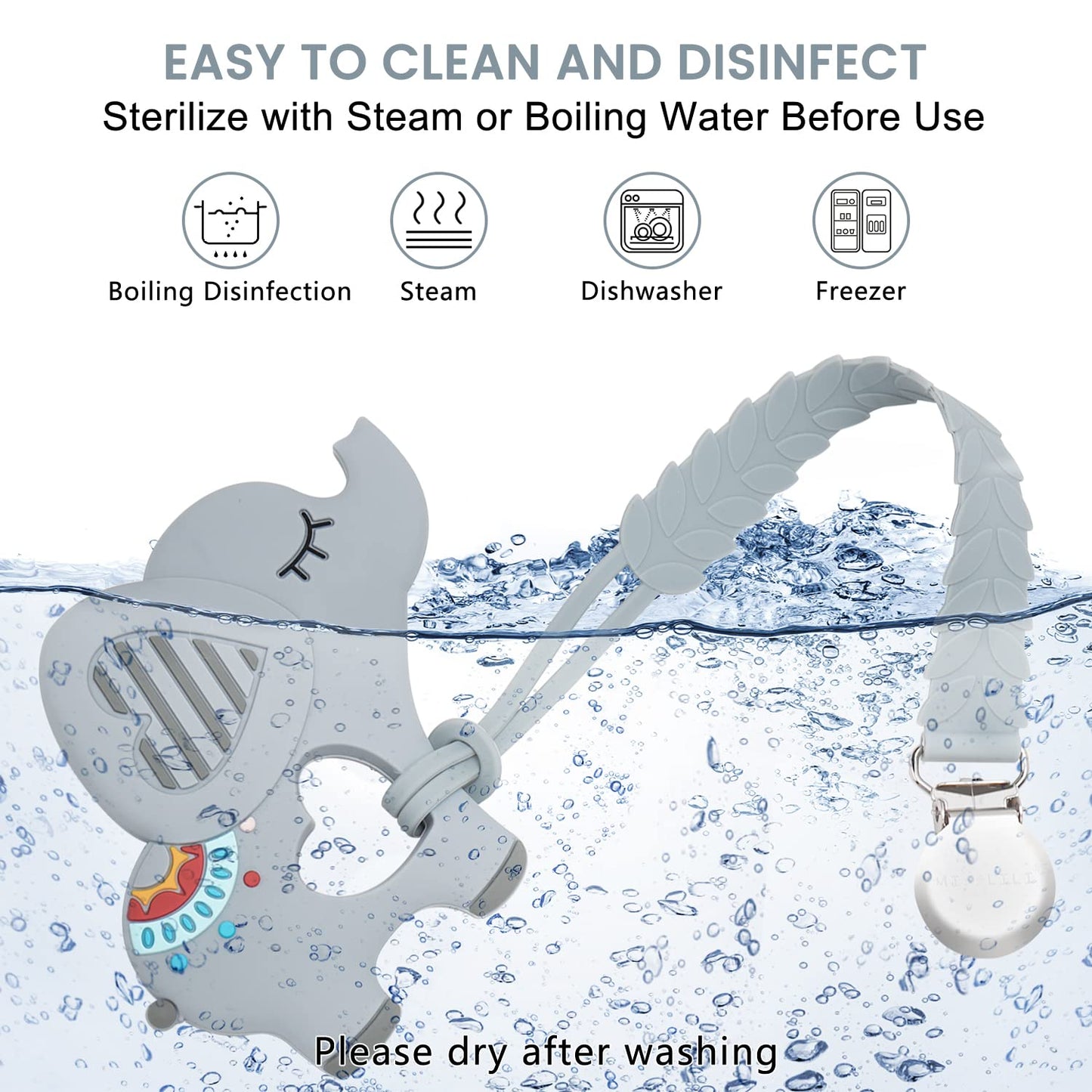 Teething Toys for Babies, Baby Teethers with Clip Silicone Baby Teether Toys for Boys and Girls Infant Teething Relief for Teething Elephant Shape, Gray