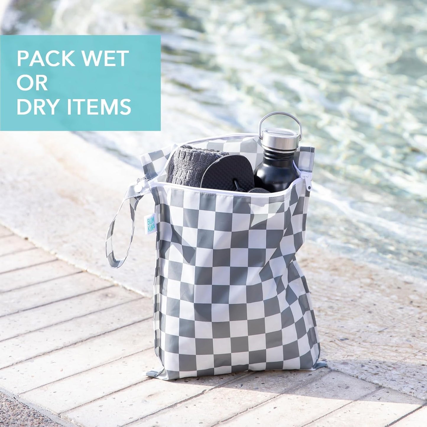 Bumkins - Larger Waterproof Wet Bag - For Baby, Travel, Swim Suit, Cloth Diapers, Pump Parts, Pool, Gym, Toiletry, Strap to Stroller - Reusable & Easy to Clean - 2pk - Gray & Mint Check