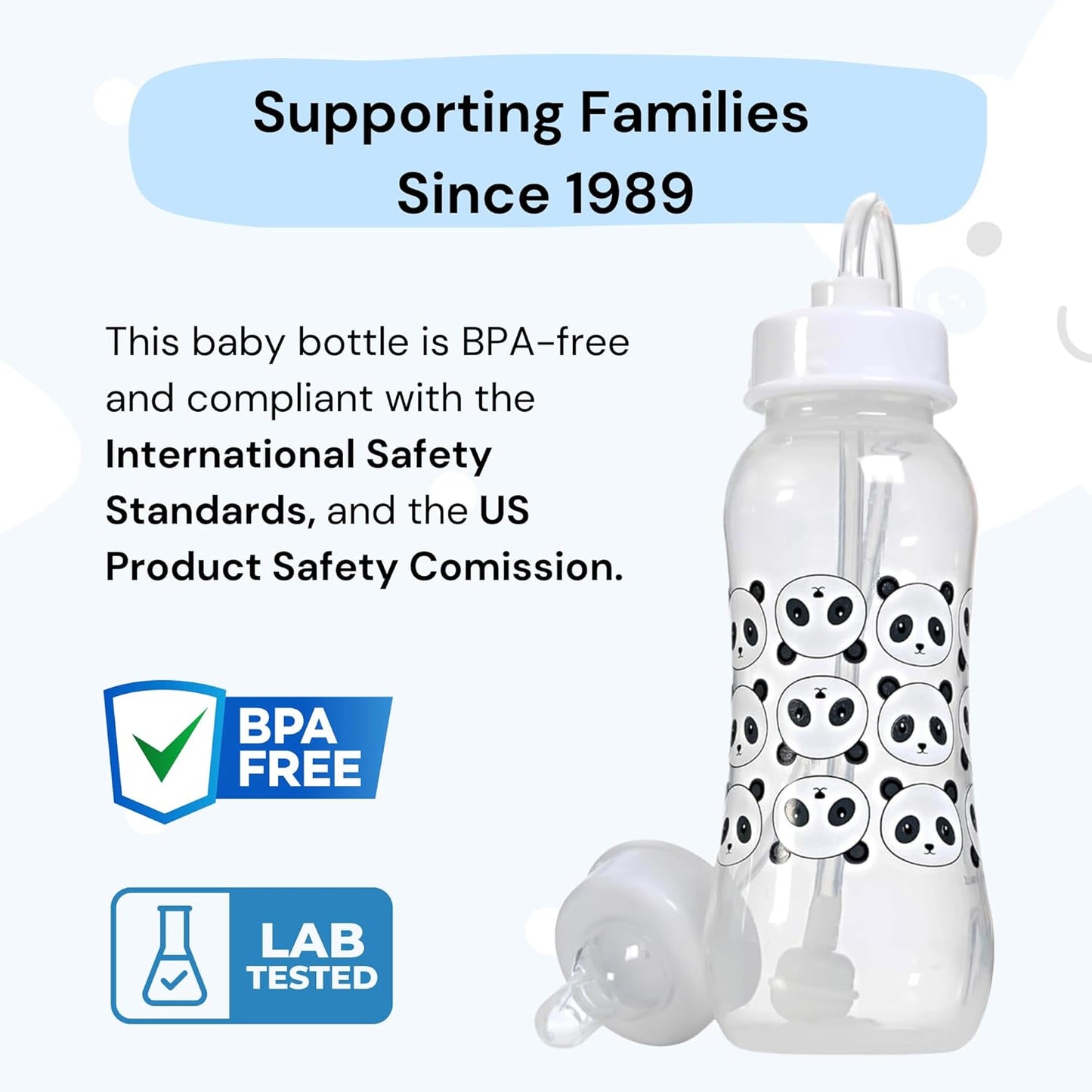 Hands-Free Baby Bottle - Anti-Colic Nursing System 9 oz Baby Bottle with Fast Flow Nipple/Teat 3m+ Infant with Tube Straw Feeding System for Toddler (2 Bottles - Panda)