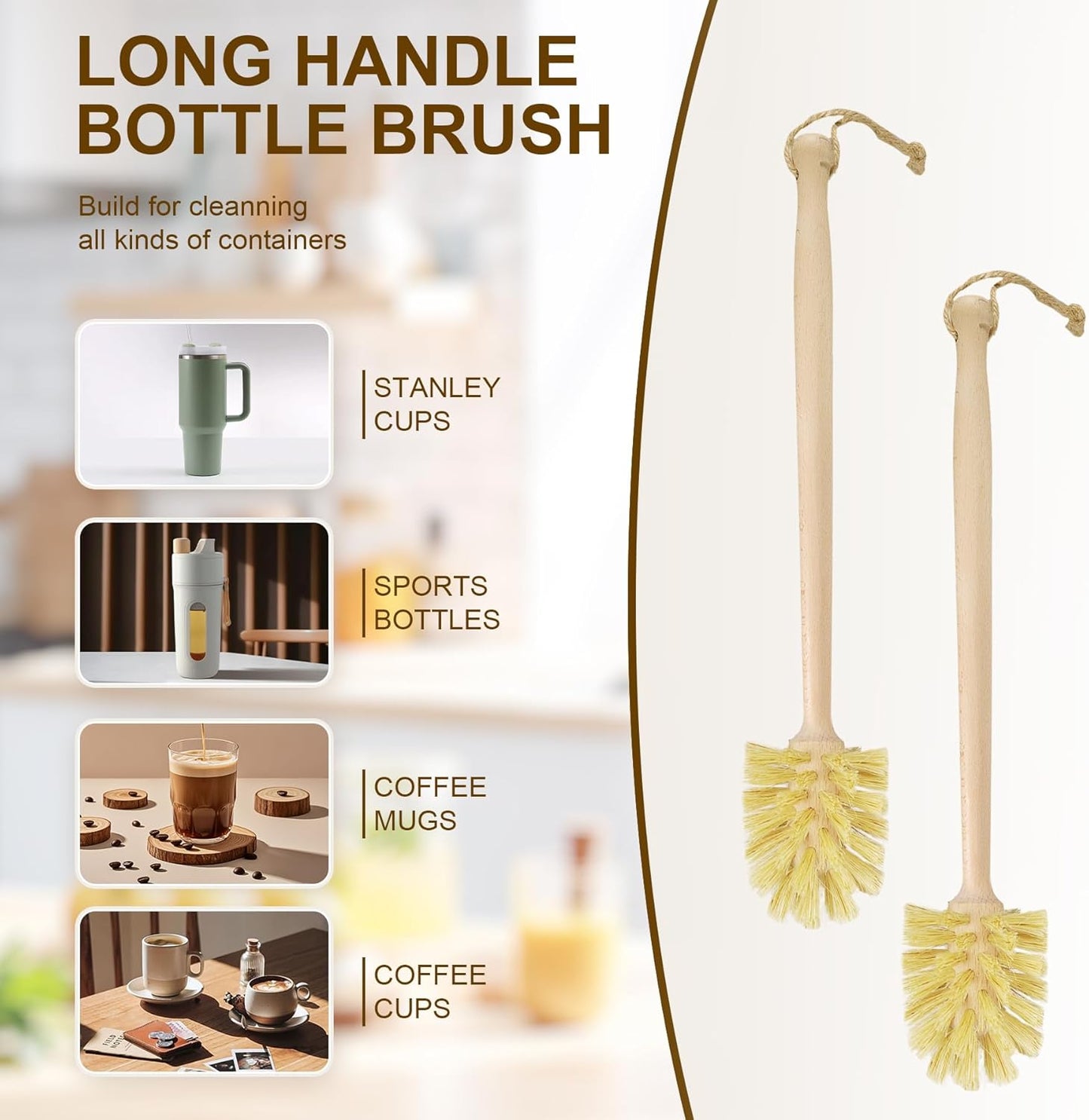 2-Pack Natural Wooden Bottle Brush with Sisal Bristles, Long Handle Bottle Brush Cleaner for Wide Mouth Jars, Water Bottles, Cups, Glasses, Baby Bottles (Non-Scratch)