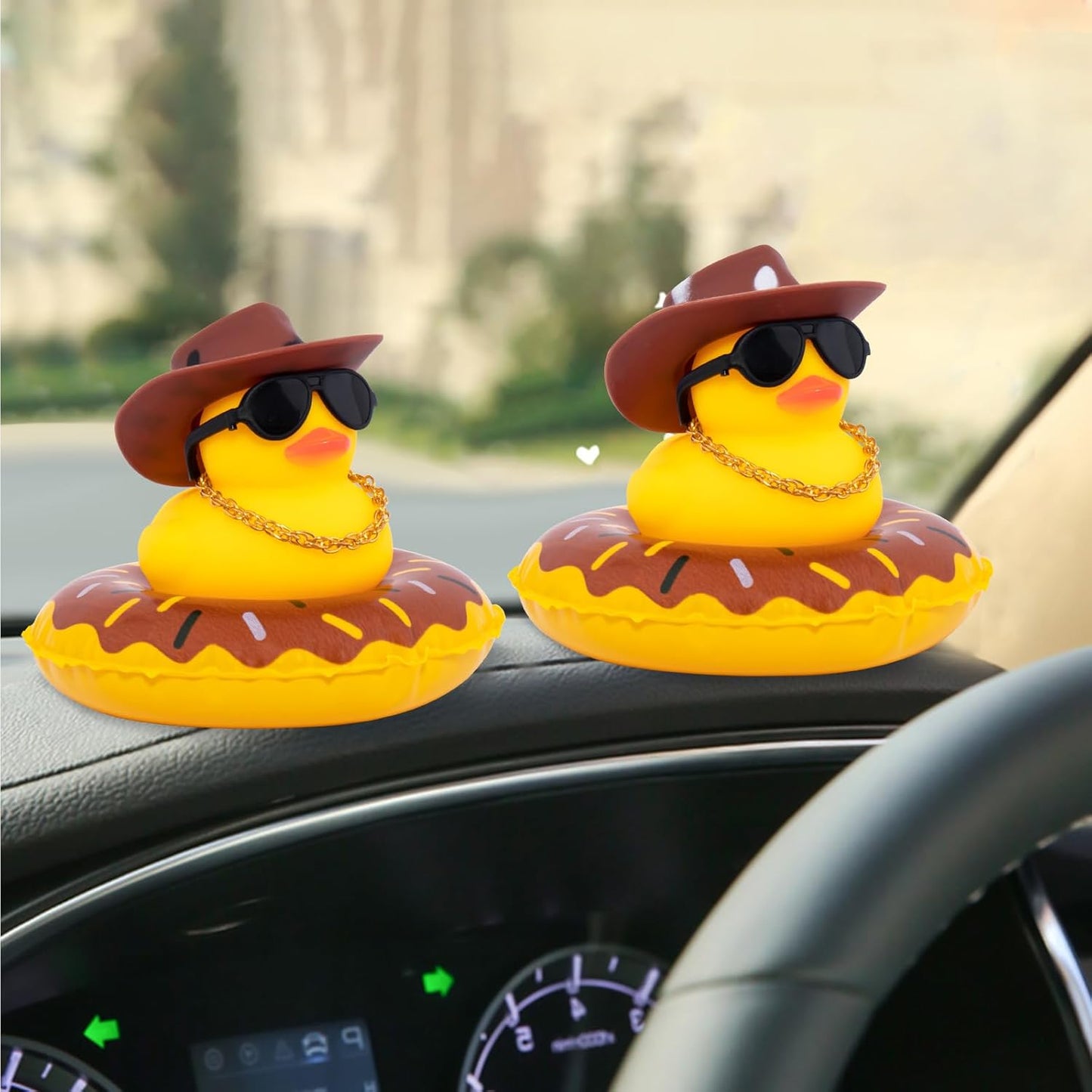 wonuu Car Rubber Duck, Yellow Duck Decoration Dashboard with Sun Hat Swim Ring Necklace Sunglasses for Car Dashboard Decorations, White Spots Brown Cowboy Hat-Brown Donut