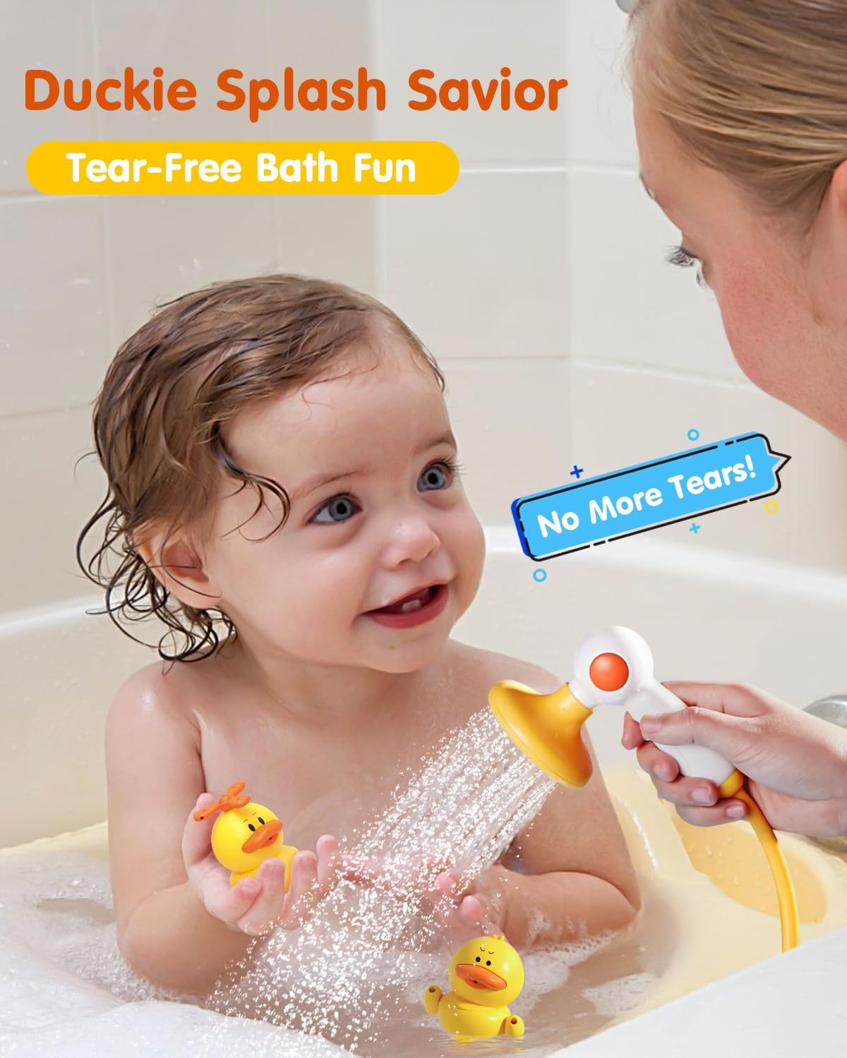 Duckie Baby Bath Toys, Baby Bath Shower Head for Bathtub with Three Squirting Ducks, Birthday Gift for Toddler Boys Girls