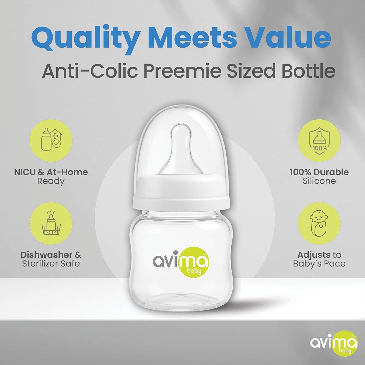 Avima Baby Anti-Colic Preemie Bottles 2oz – 6 Pack, Standard Neck, BPA-Free, 100% Silicone Nipples with Flow Control – Feeding Bottles for Newborns & Premature Babies