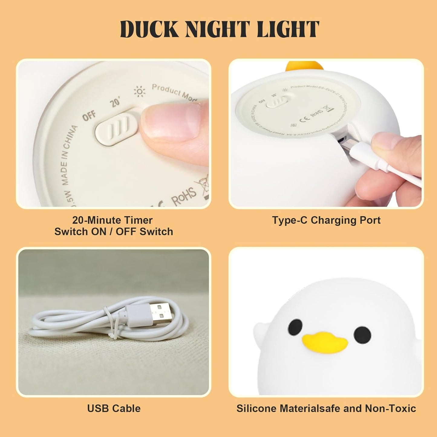 YuanDian Dodo Duck LED Night Light - Cute Silicone Duck Lamp for Bedrooms, Living Room - Rechargeable, Touch Sensor Bedside Table Lamp