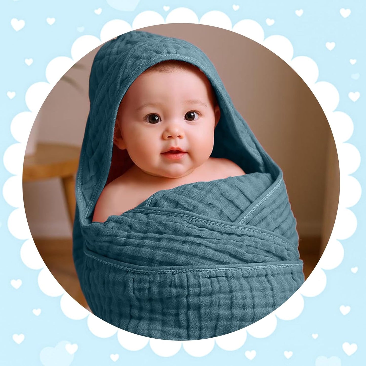 Peryiter 4 Pcs Muslin Hooded Baby Towels, 32"x 32" Cotton Newborn Bath Towel Muslin Infant Baby Blankets Absorbent Unisex Christmas Registry Gift Essentials for Girls Boys (Green Series)