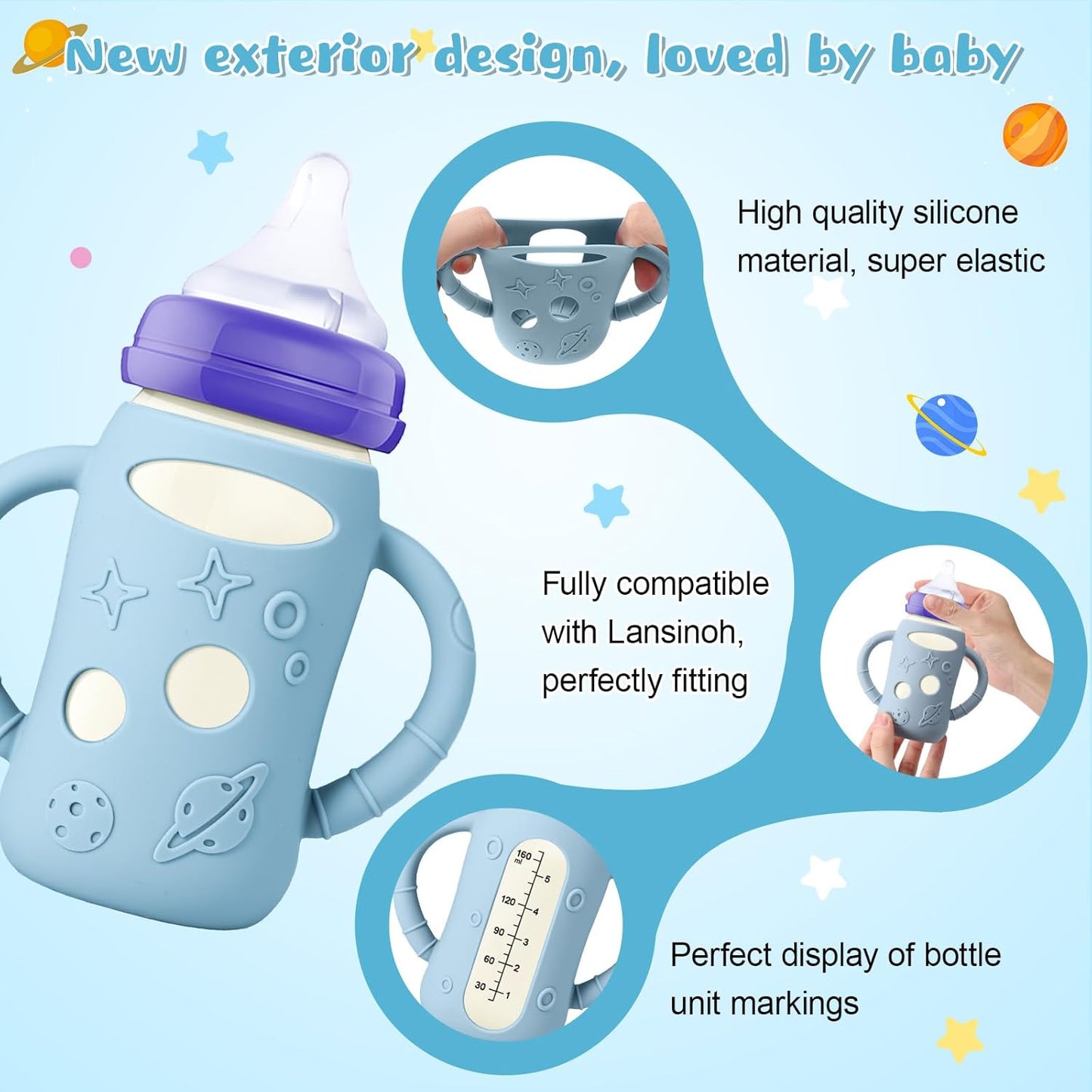 Mity rain 3 Pack Silicone Sleeves for Lansinoh Glass Bottles 5 OZ - Anti Breakage Baby Bottle Holder, Compatible with Lansinoh Glass Bottles for Babies with Handle