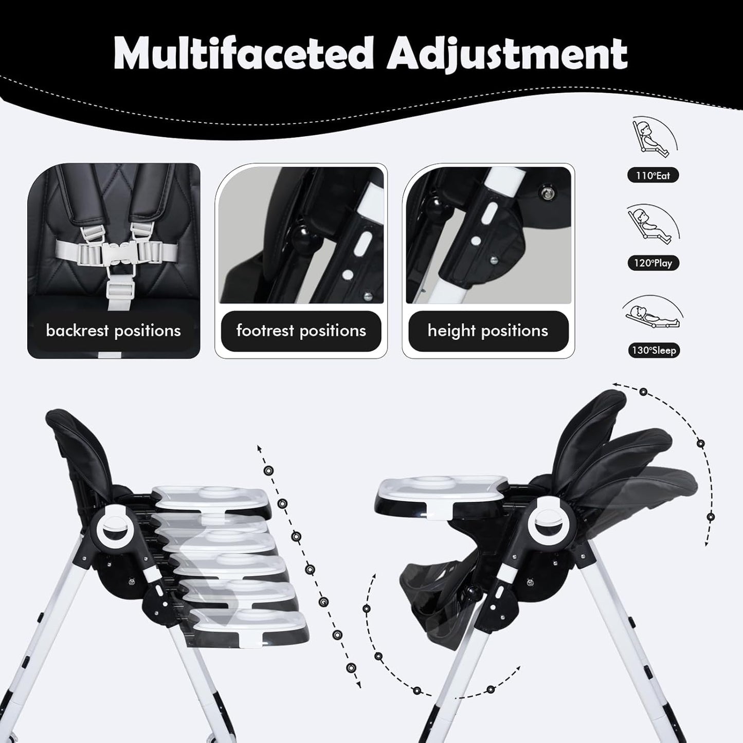 4 in 1 Baby High Chair, High Chairs for Babies and Toddlers, Foldable Highchair with 4 Wheels, 4 Levels of Recline and 7 Levels of Height Adjustment (Black)